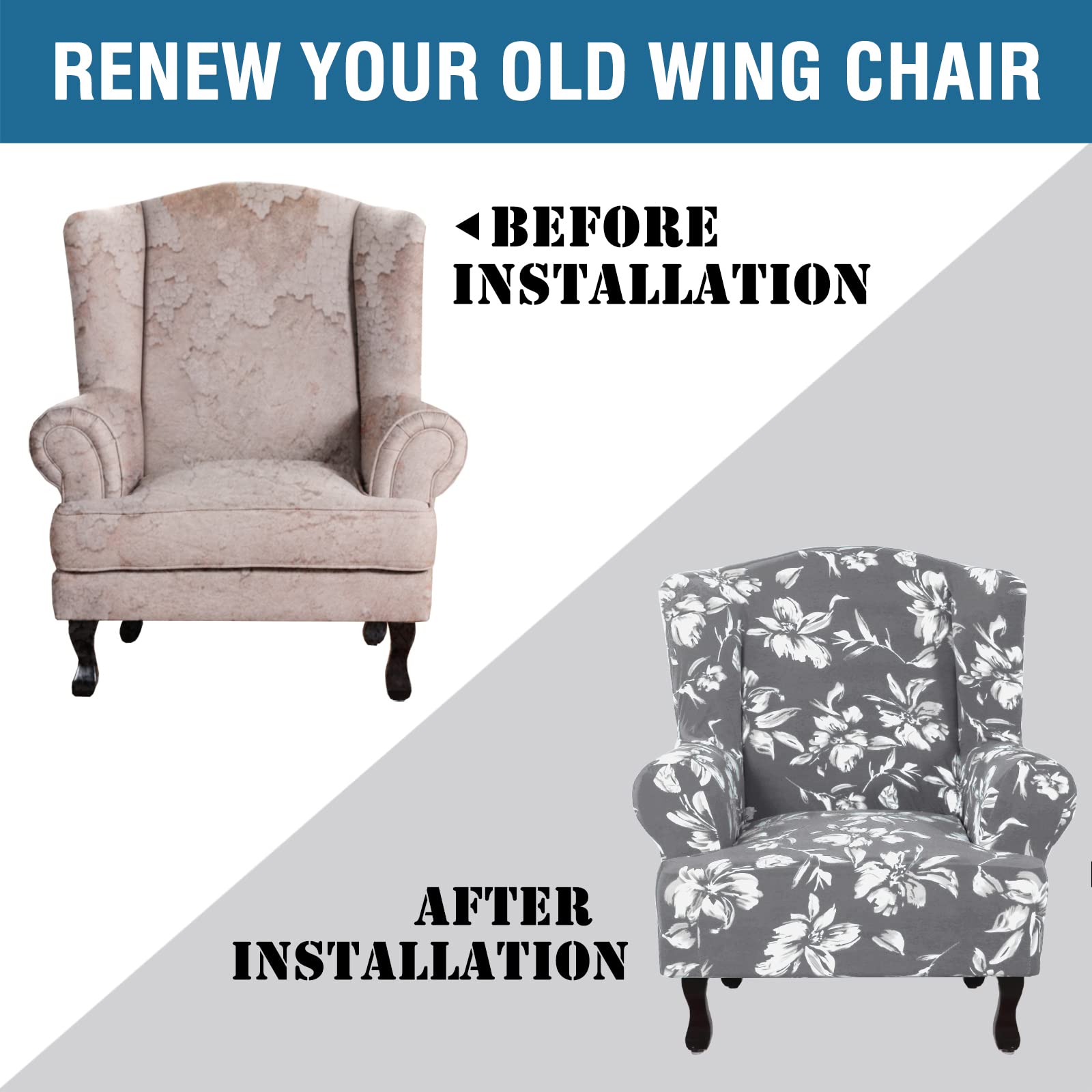 Floral Printed Wingback Chair Slipcover - 1-Piece Super Stretch Modern Style Wing Chair Cover with Elastic Bottom (Grey) - Perfect for Living Room, Bedroom, or Office Furniture Protection & Style Upgrade