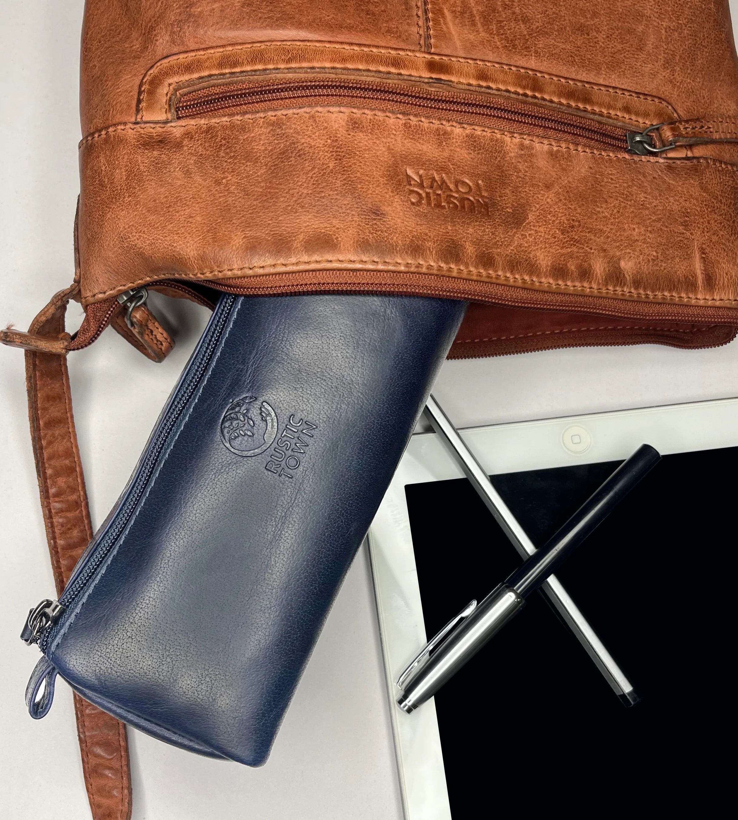 Premium Genuine Leather Pencil Case with Zipper - Blue Pen Pouch for School, Office & Travel Organizer - Perfect for Students, Professionals & Artists