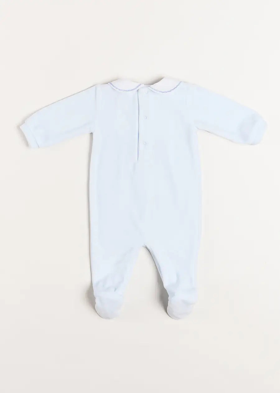 Velour Peter Pan Collar Baby Romper in Blue - Soft & Comfortable One-Piece Outfit for Newborn to 12 Months (1mth-12mths) | Perfect for Family Photos, Playdates & Special Occasions