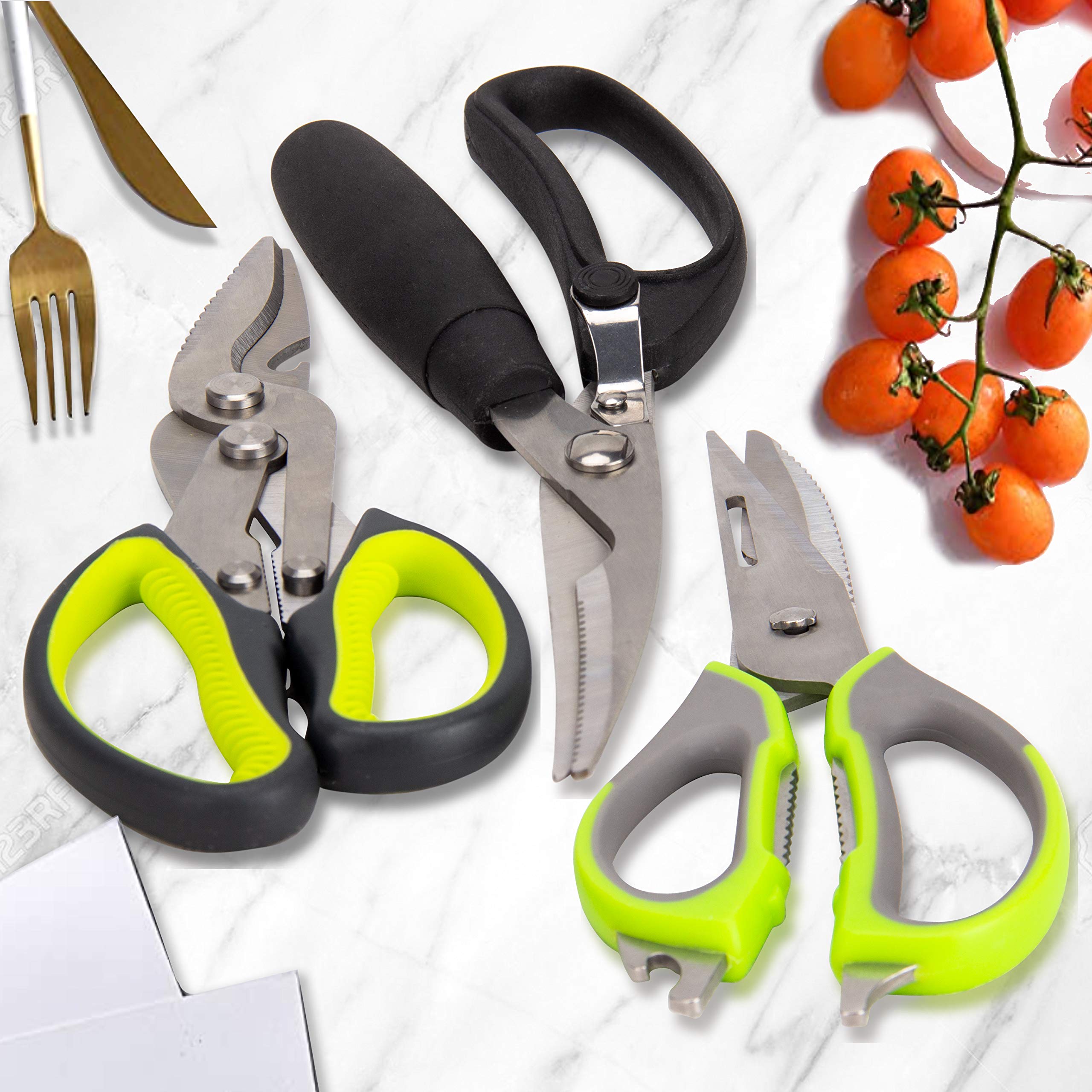 KOTTO 3-Pack Heavy Duty Kitchen Scissors Set - Stainless Steel Food Shears for Cutting Chicken, Poultry, Fish & More - Dishwasher Safe, Rustproof - Black & Green - Perfect for Meal Prep, Butchering & Cooking