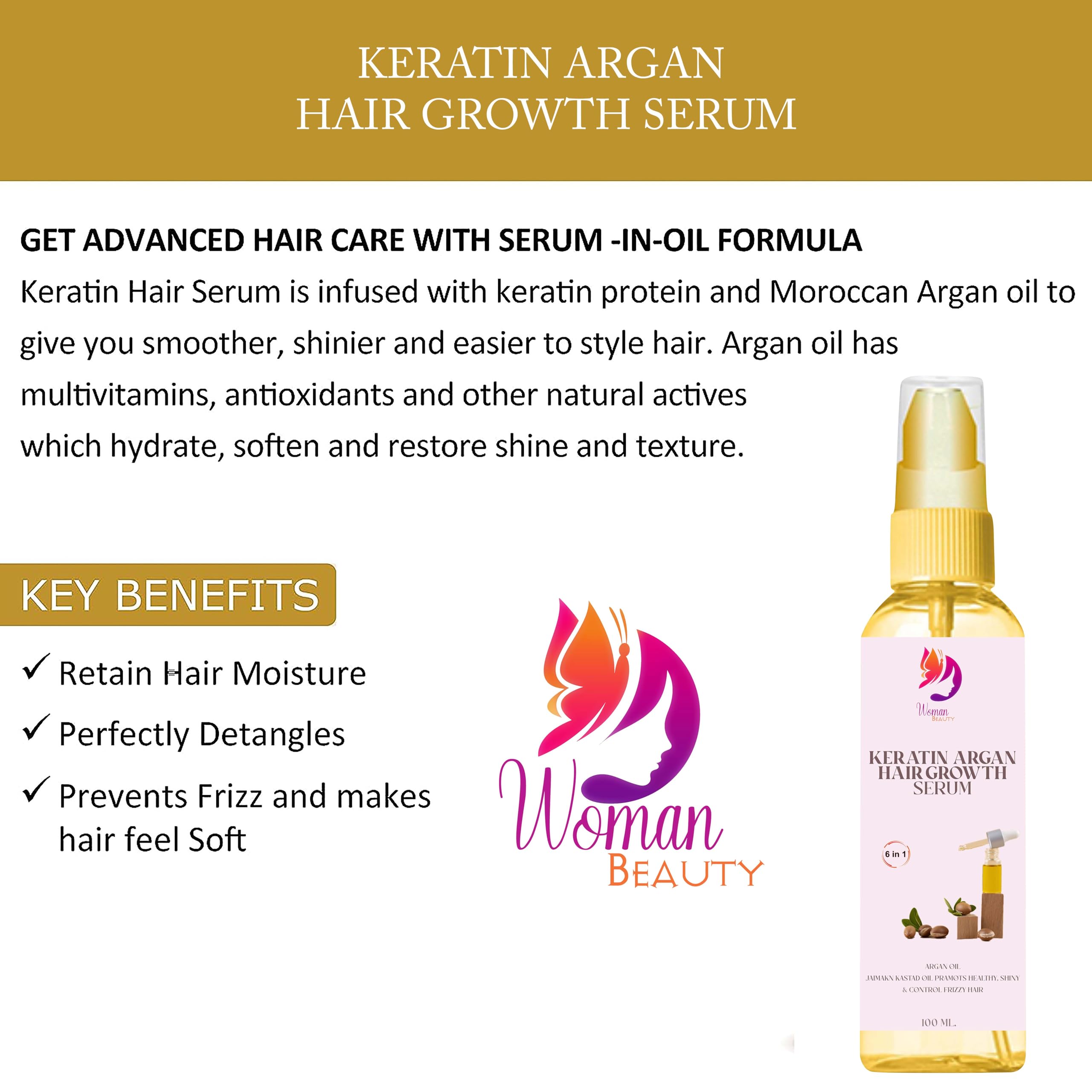 Keratin Argan Hair Growth Serum for Women - Promotes Faster Hair Growth & Strengthens Hair Health | Perfect for Thinning Hair, Dry Scalp & Damaged Hair Repair