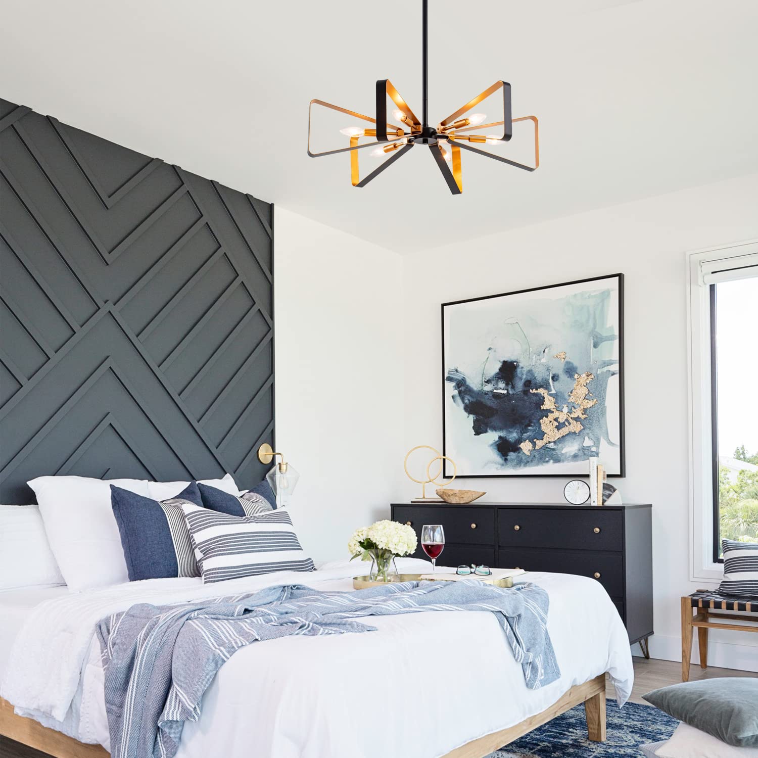 VILUXY Modern Geometric Pendant Light - 6-Light Mid-Century Chandelier with Matte Black & Brass Finish - Perfect for Dining Room, Kitchen, Living Room Lighting | Elegant Ceiling Fixture for Home Decor & Interior Design