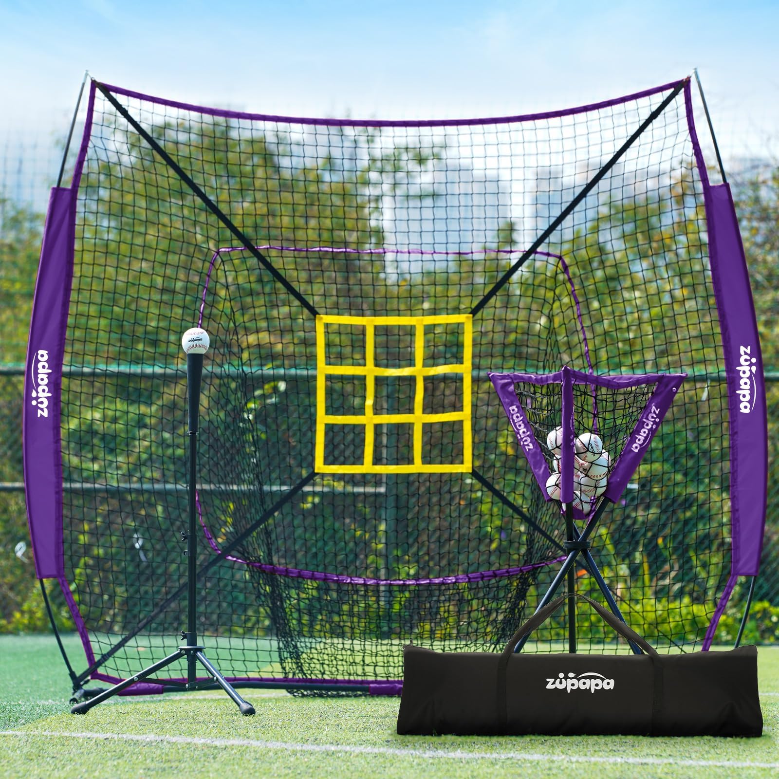 Zupapa 7x7 Feet Baseball & Softball Practice Combo Set - Includes Net, Tee Caddy & 12 Baseballs with Upgraded Strike Zone | Perfect for Backstop Hitting, Pitching, Batting & Catching Drills | Ideal for Backyard, Field & Team Training Sessions