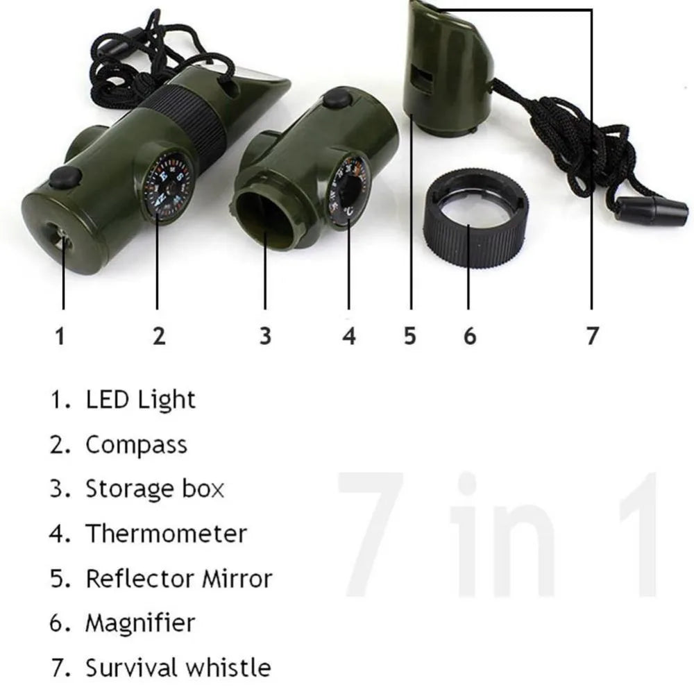 7 in 1 Emergency Survival Whistle - Outdoor Multifunctional Safety Tool with Compass, Thermometer & Fire Starter for Camping, Hiking & Survival Kits