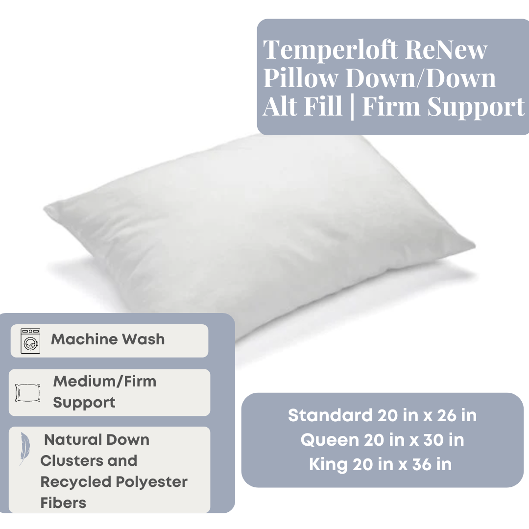 Temperloft ReNew Pillow with Down/Down Alternative Fill - Firm Support for Side & Back Sleepers - Perfect for Home, Hotel & Travel Use