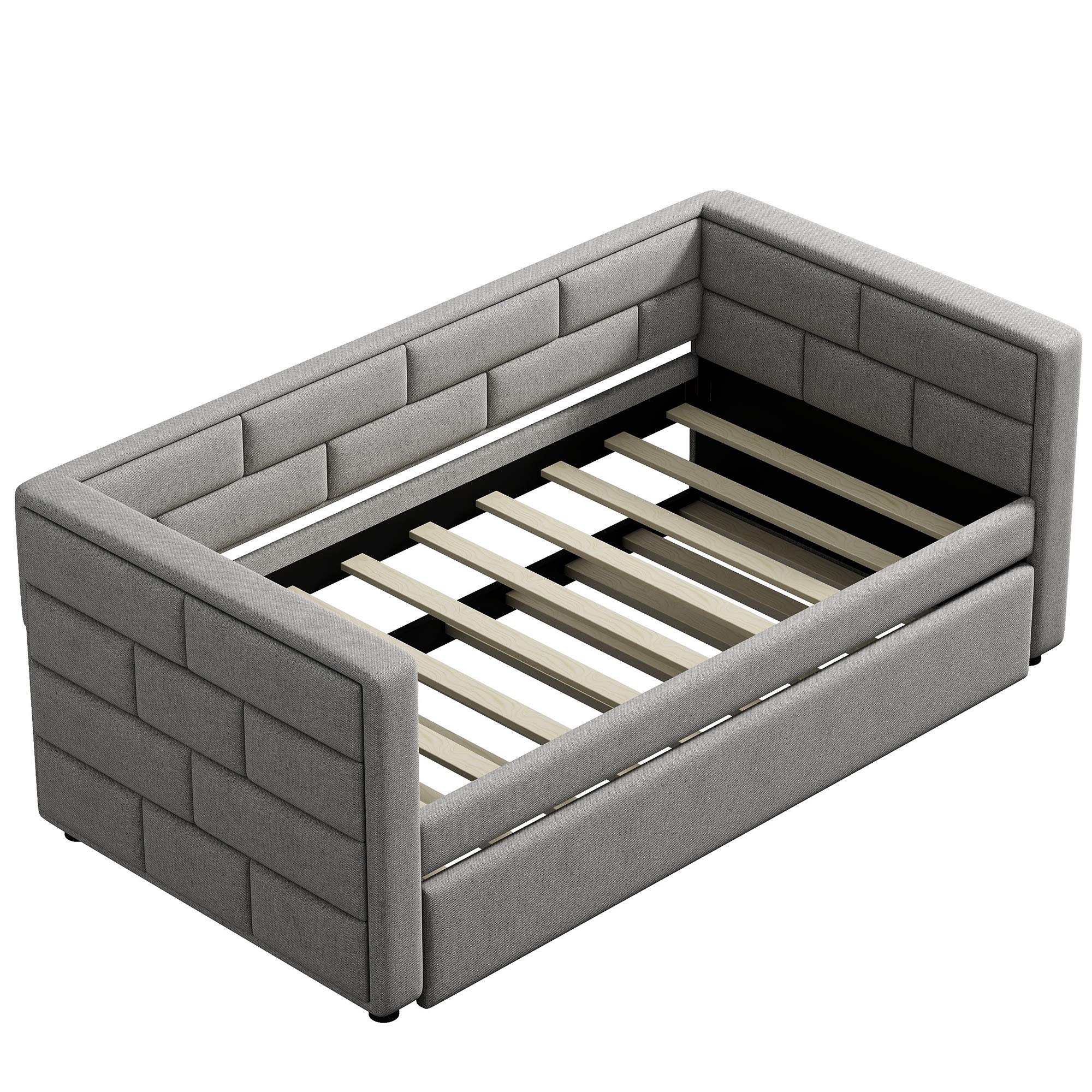 Merax Twin Size Upholstered Daybed with Trundle - Wooden Sofa Bed with Padded Back for Living Room & Bedroom - Wood Slat Support (No Box Spring Needed) - Perfect for Guest Rooms, Small Spaces & Multi-Functional Furniture Needs