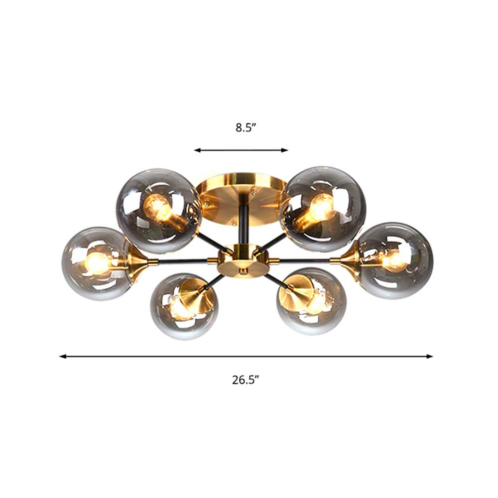 RUNNUP Mid-Century Modern 6-Light Glass Orb Chandelier - Brass Semi Flush Mount Ceiling Light Fixture with Radial Design for Kitchen, Dining Room, Living Room - Perfect for Contemporary Home Decor & Ambient Lighting
