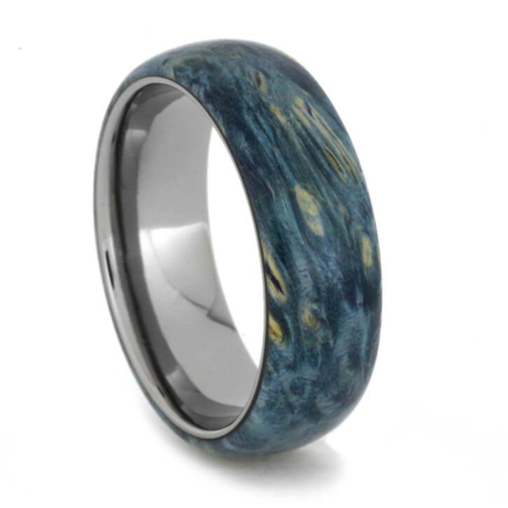 Unisex Blue Box Elder Burl Wood & Titanium Comfort-Fit Wedding Band Ring - 7mm Wide Durable & Lightweight for Men & Women - Perfect for Engagements, Anniversaries & Everyday Wear