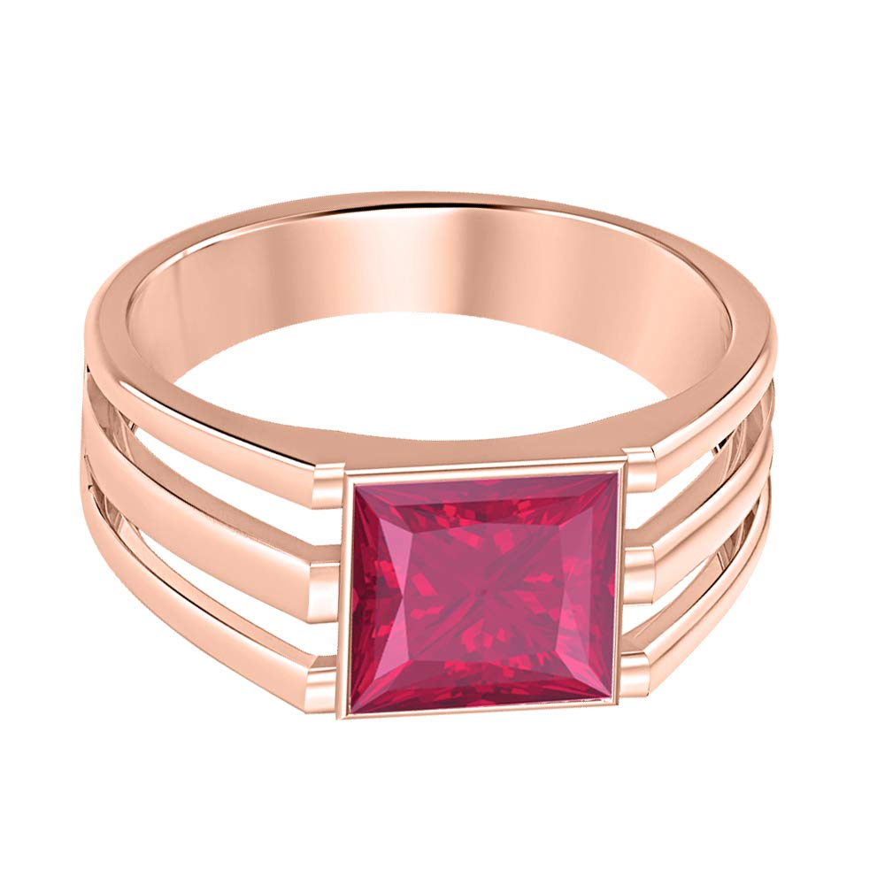 14K Rose Gold Plated Solitaire Princess Cut Pink Ruby Men's Wedding Band Engagement Ring - Elegant Jewelry for Grooms, Proposals & Anniversaries