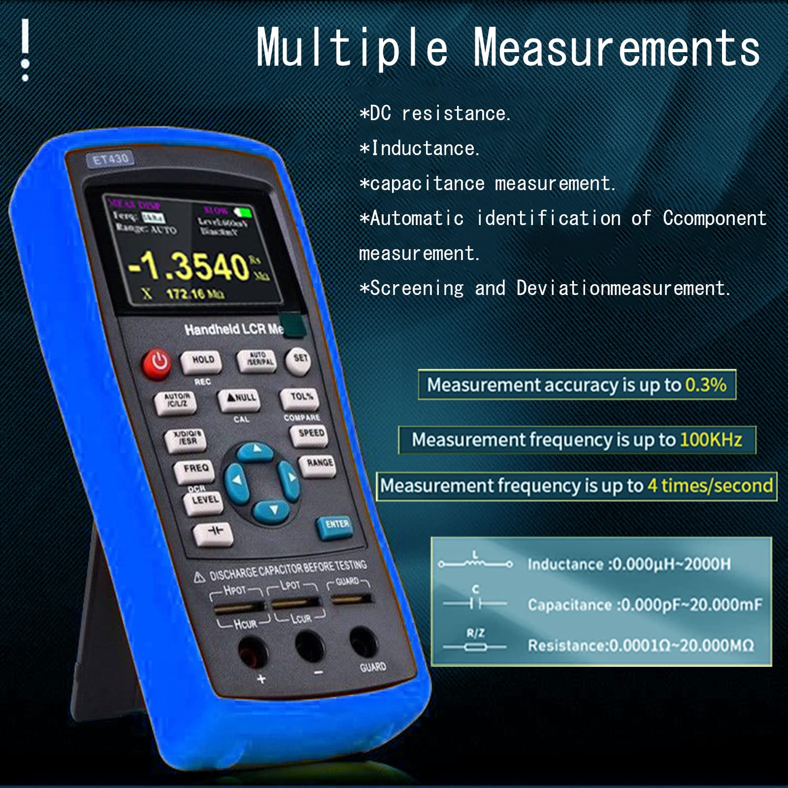 ET431 Handheld Digital LCR Meter with 0.2% Accuracy, TFT Display - Portable Capacitance, Inductance, Resistance & Transistor Tester - Rechargeable Multifunction Multimeter for Electronics Repair, Circuit Testing & Component Analysis