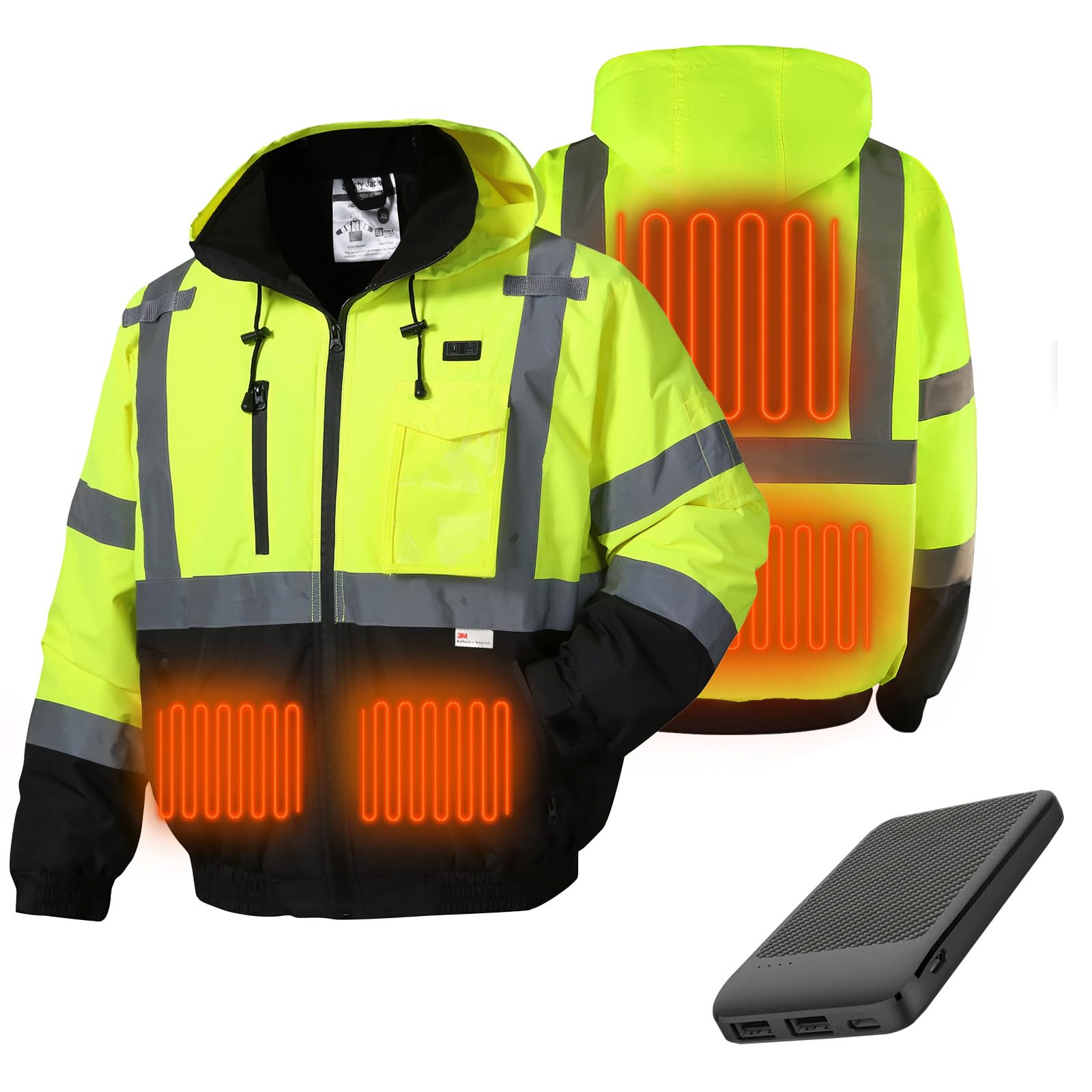SKSAFETY Class 3 Hi-Vis Waterproof Heated Bomber Jacket with 3M Reflective Tape - Professional Safety Work Coat for Construction & Outdoor Winter Wear (Lime Green, Medium) - Ideal for Cold Weather Work Sites, Road Construction & Nighttime Visibility