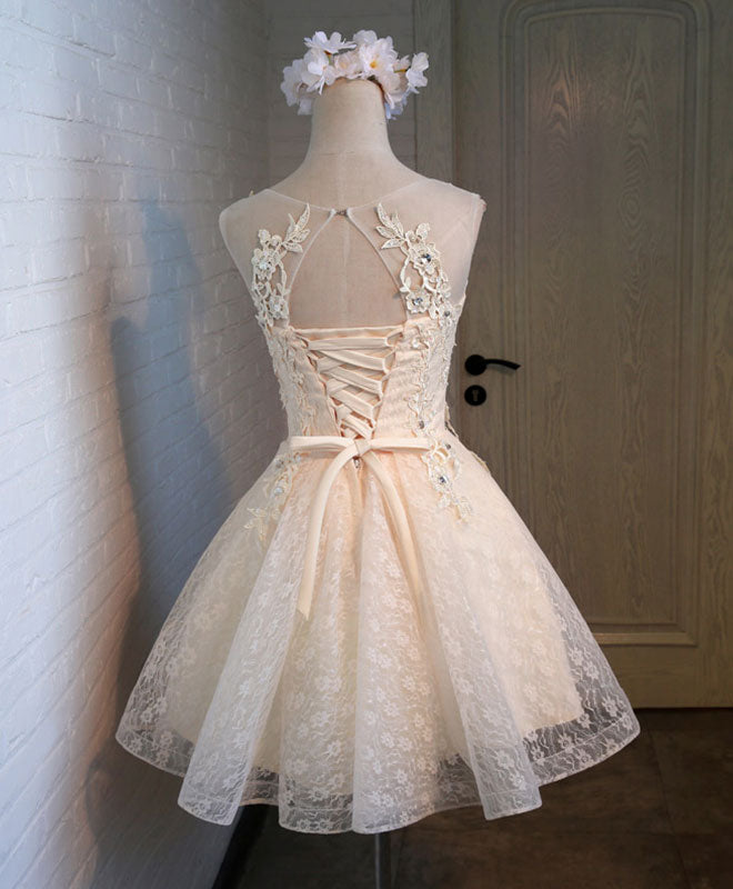 Elegant Champagne Lace Round Neck Short Prom Dress for Bridesmaids - Perfect for Weddings, Parties & Special Occasions