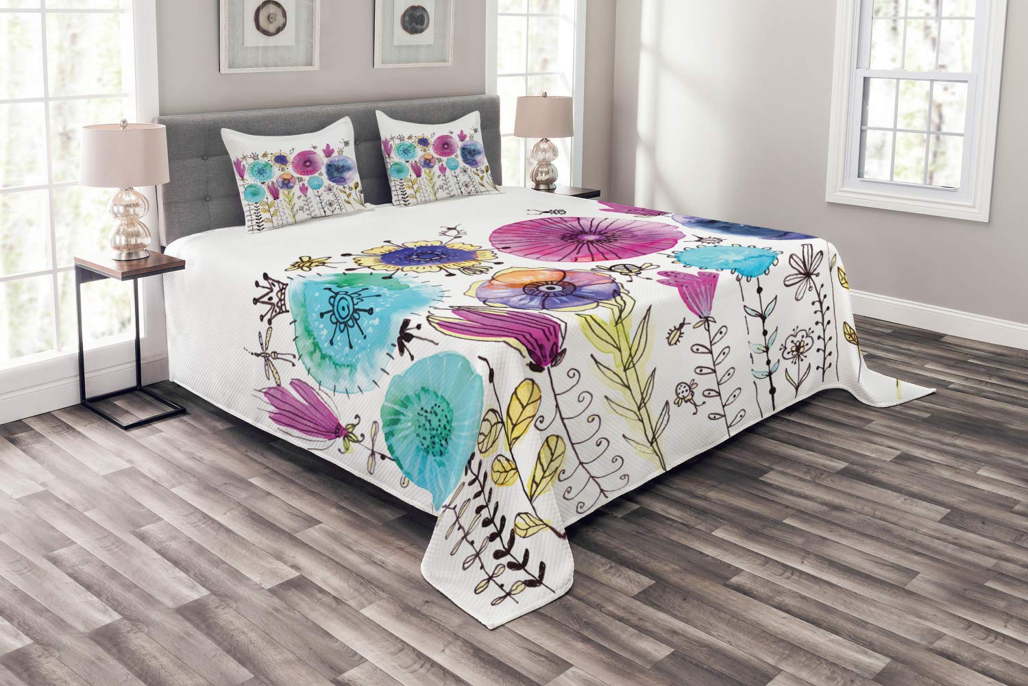 Ambesonne Dragonfly Bedspread Set - 3-Piece Summer Themed Bedding with Dandelion & Dragonfly Design, King Size Pink Blue Coverlet & 2 Pillow Shams | Perfect for Guest Rooms, Master Bedroom Decor & Seasonal Home Refresh
