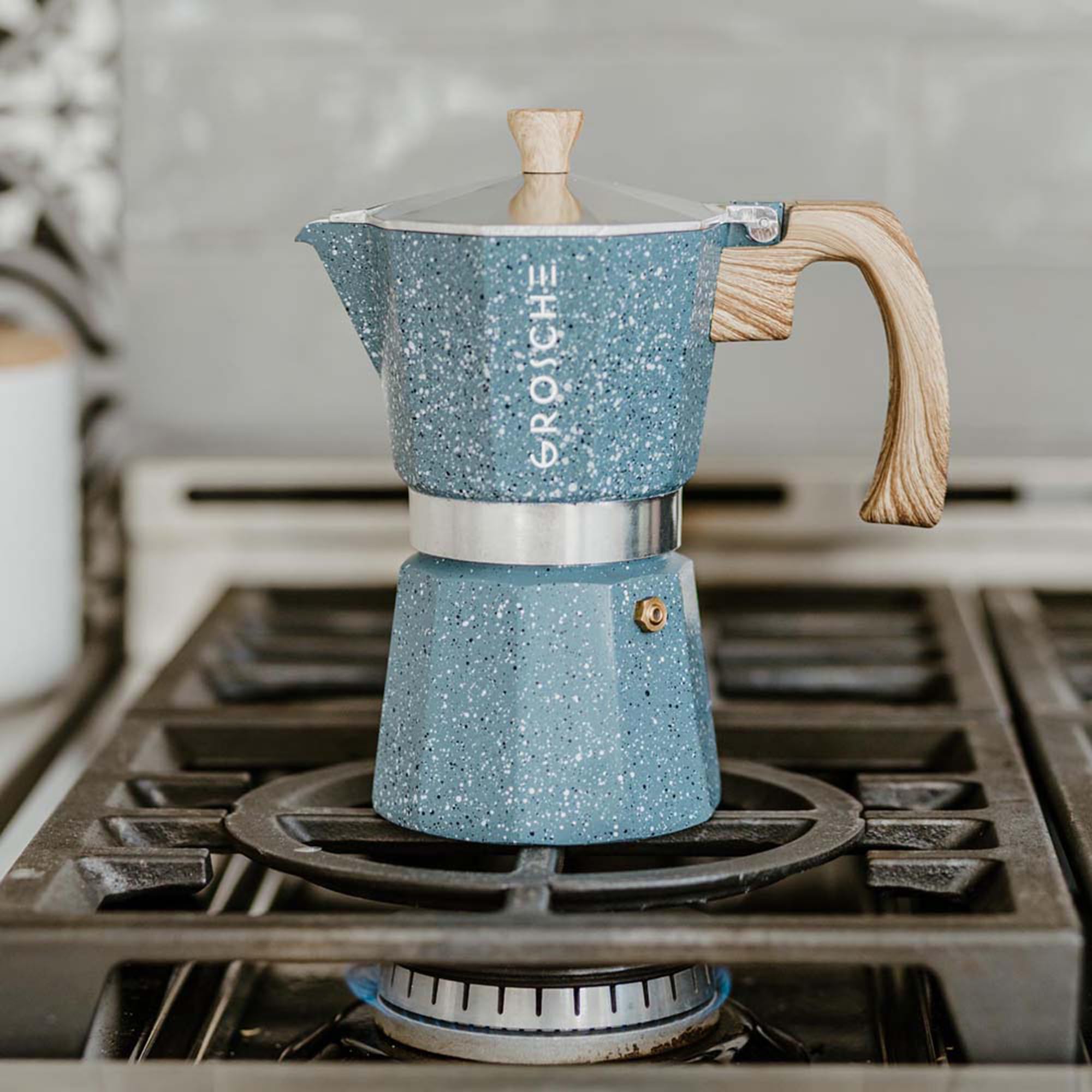 GROSCHE Milano Moka Pot - 6 Cup Stovetop Espresso Maker & Coffee Percolator - Italian Greca Coffee Maker for Home & Office (Indigo Blue) - Perfect for Camping, Gifts & Daily Brewing