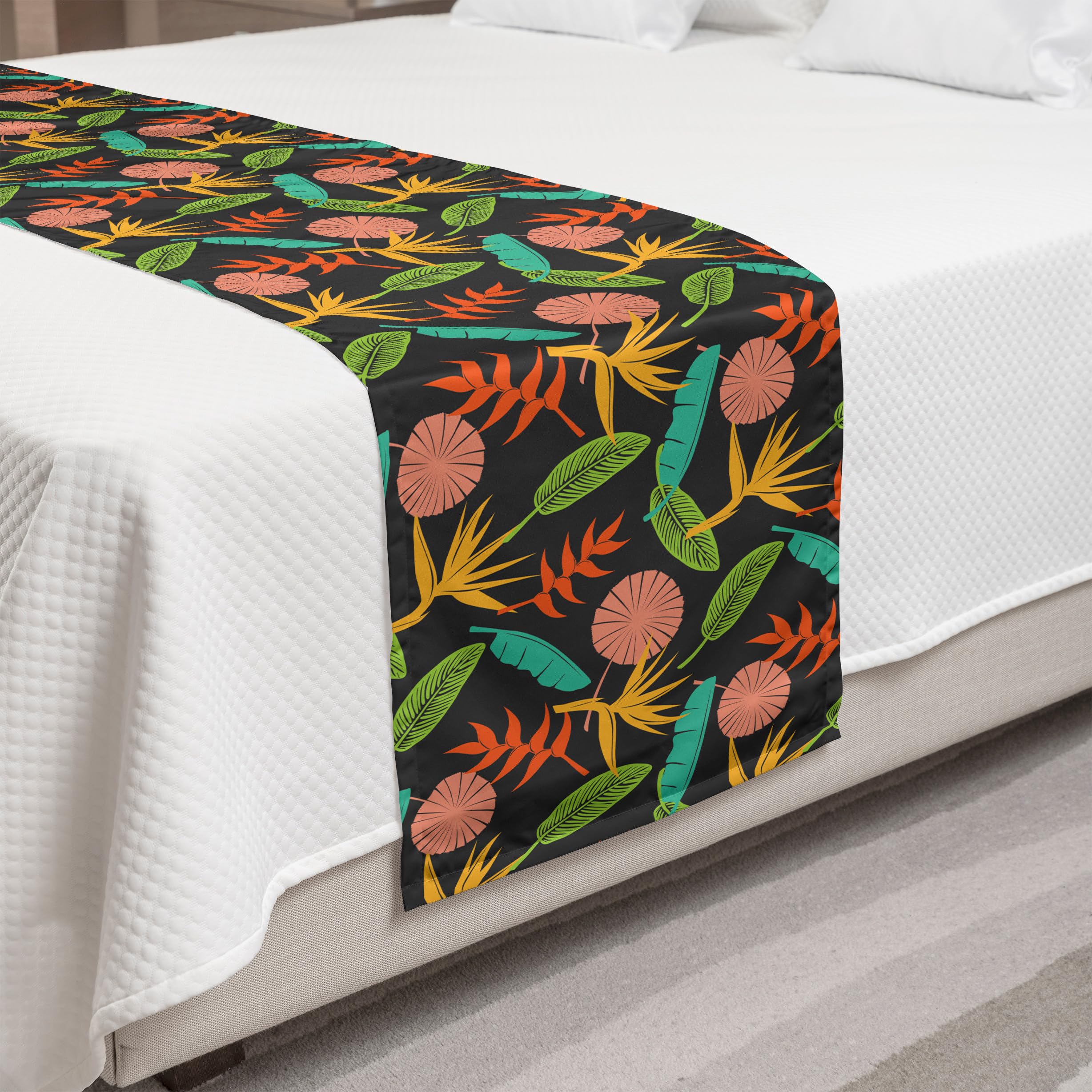 Ambesonne Tropical Bed Runner - Abstract Exotic Botany Bird of Paradise Banana Palm Leaves Design - Decorative Accent Bedding Scarf for Hotels, Homes & Guest Rooms - Dark Grey Multicolor - Perfect for Beach House Decor, Tropical Bedroom Theme & Vacation Rental Styling