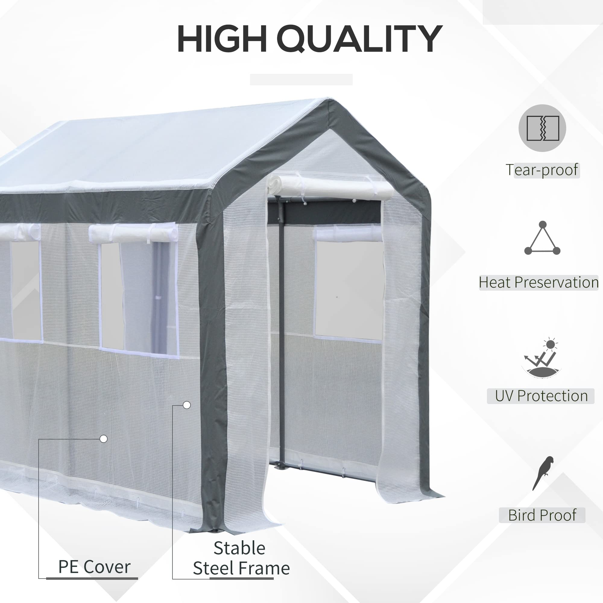 Outsunny 8' x 6' x 7' Walk-in Greenhouse for Plants | Outdoor Garden Greenhouse with 4 Roll-up Windows & 2 Zippered Doors | Weatherproof Cover for Year-Round Gardening | Perfect for Seed Starting, Plant Protection & Backyard Gardening