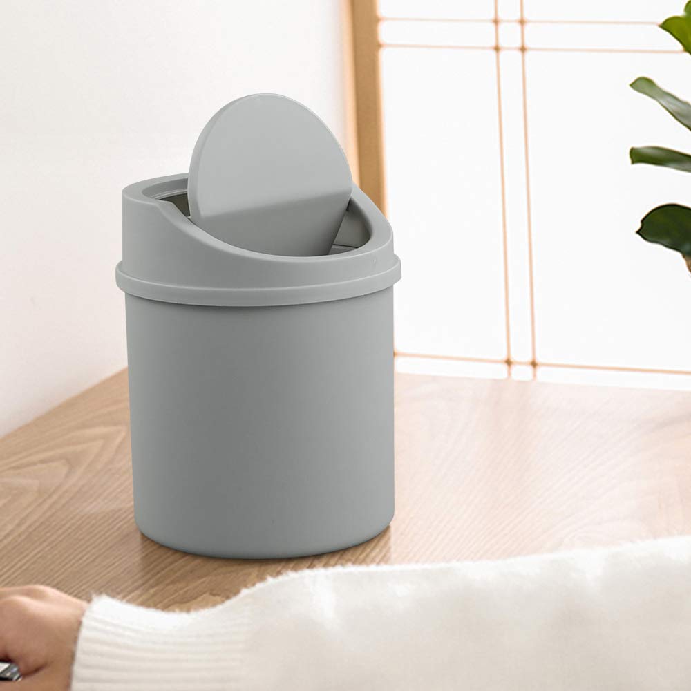 2 Liter Mini Desktop Trash Can with Swing Lid - Small Office Waste Bin for Desk, Home, or Car - Compact Grey Garbage Can for Paper, Snacks & Daily Trash (Perfect for Workspace, Bedroom & Vehicle Use)