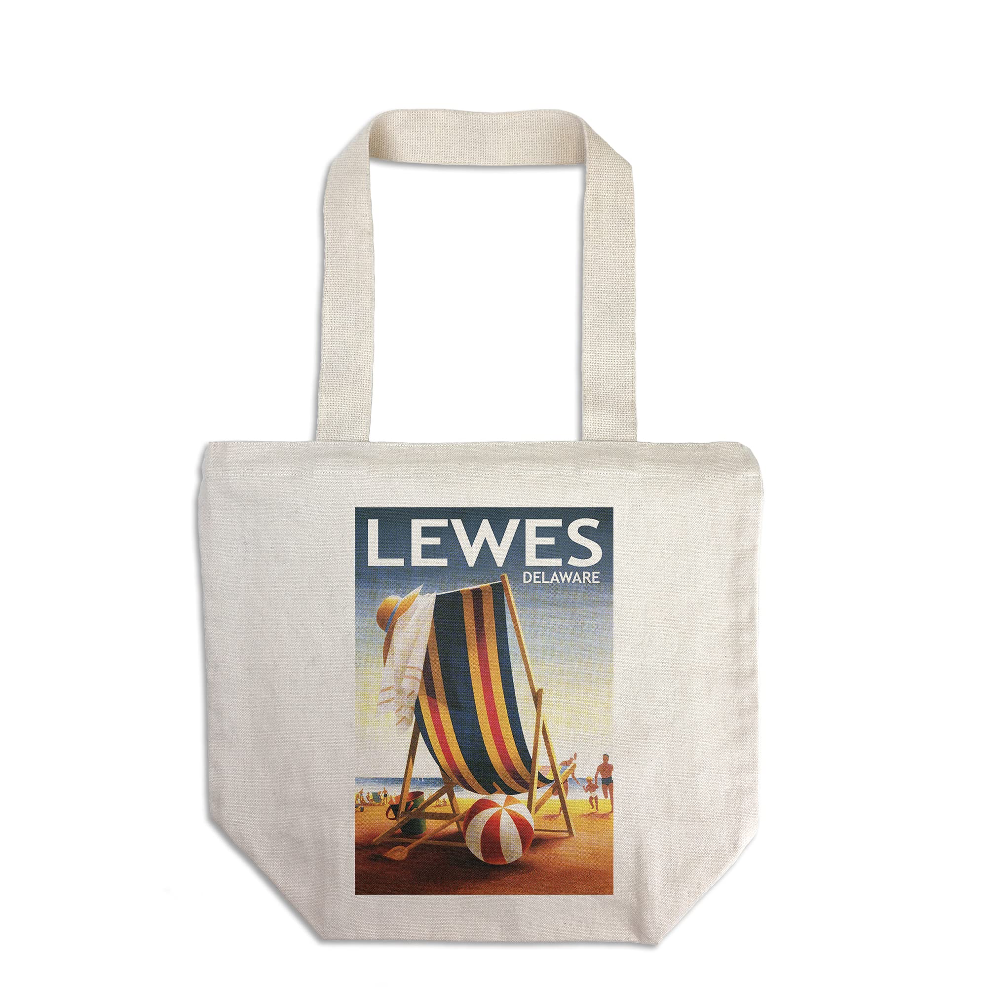 Lewes Delaware Beach Chair and Ball Canvas Tote Bag - 100% Cotton Reusable Shopping Bag for Beach, Grocery, and Everyday Use
