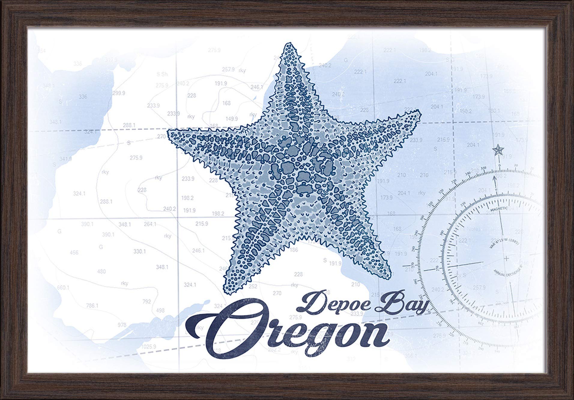 Depoe Bay Oregon Starfish Blue Coastal Art Print - 16x24 Giclee Fine Art on Recycled Wood Frame in Espresso Brown - Perfect for Beach House Decor & Coastal Wall Art