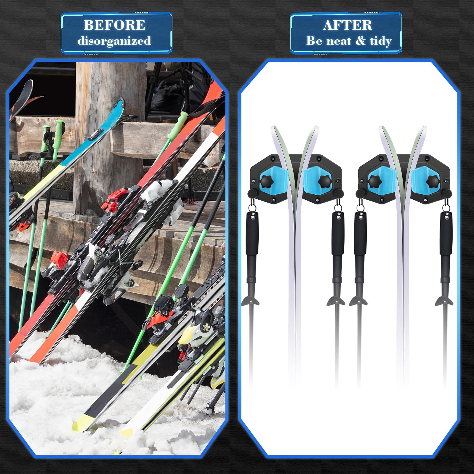4 Pack Ski and Snowboard Wall Mount Rack - Heavy Duty Garage Storage Organizer for Skis, Snowboards & Gear - Space Saving Display for Men & Women - Perfect for Home, Garage, or Rental Cabin Organization