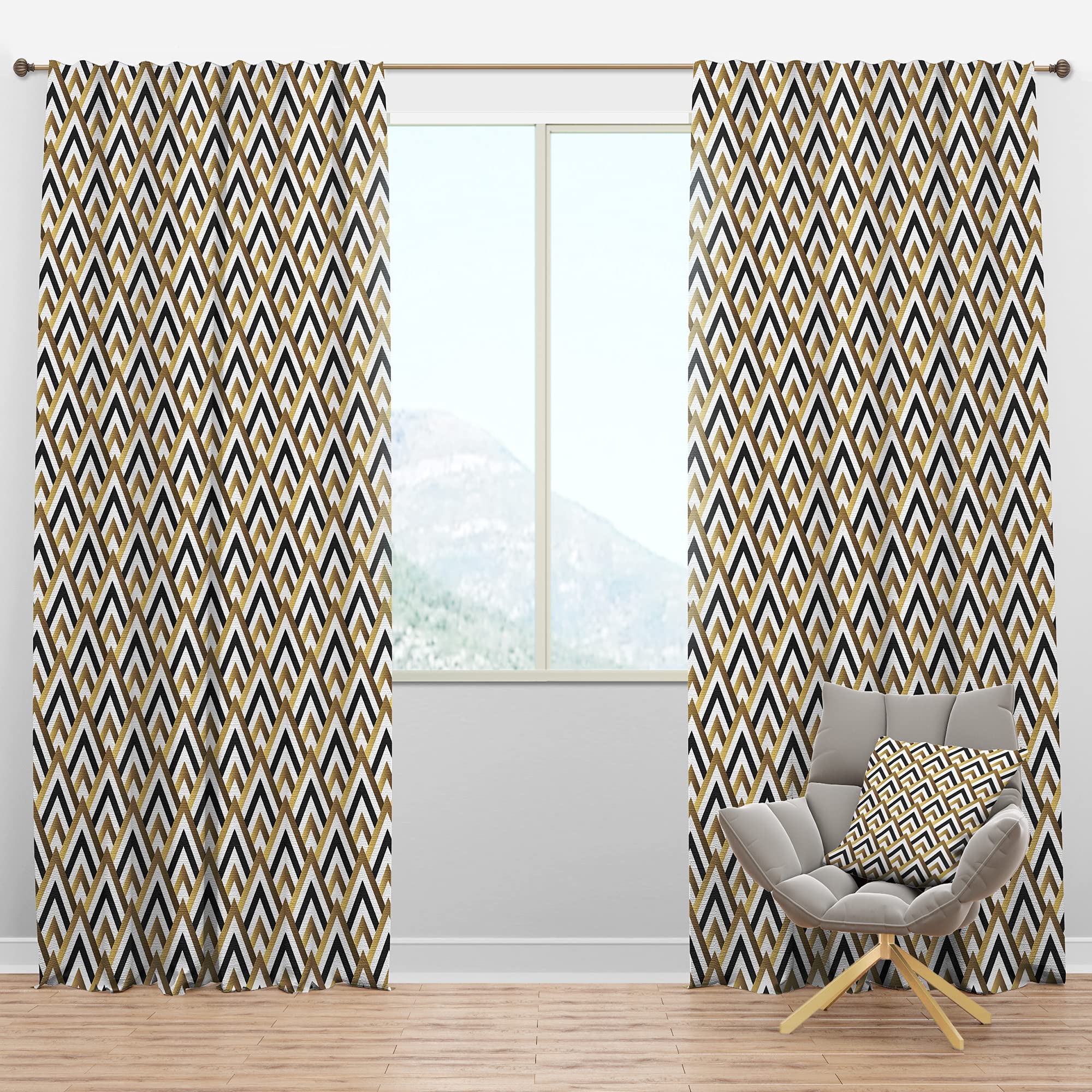 DesignQ Blackout Curtains - Gold Black & White Triangle Pattern Thermal Insulated Drapes for Bedroom & Living Room (52x120, Single Panel) - Perfect for Light Blocking, Privacy & Energy Efficiency