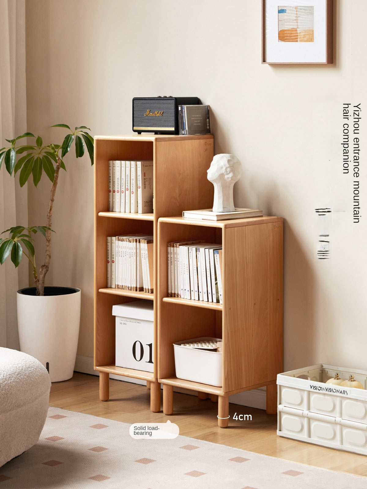 Solid Beech Wood Small Bookshelf Side Cabinet - Compact Storage for Books, Decor & Essentials in Living Room, Bedroom or Office