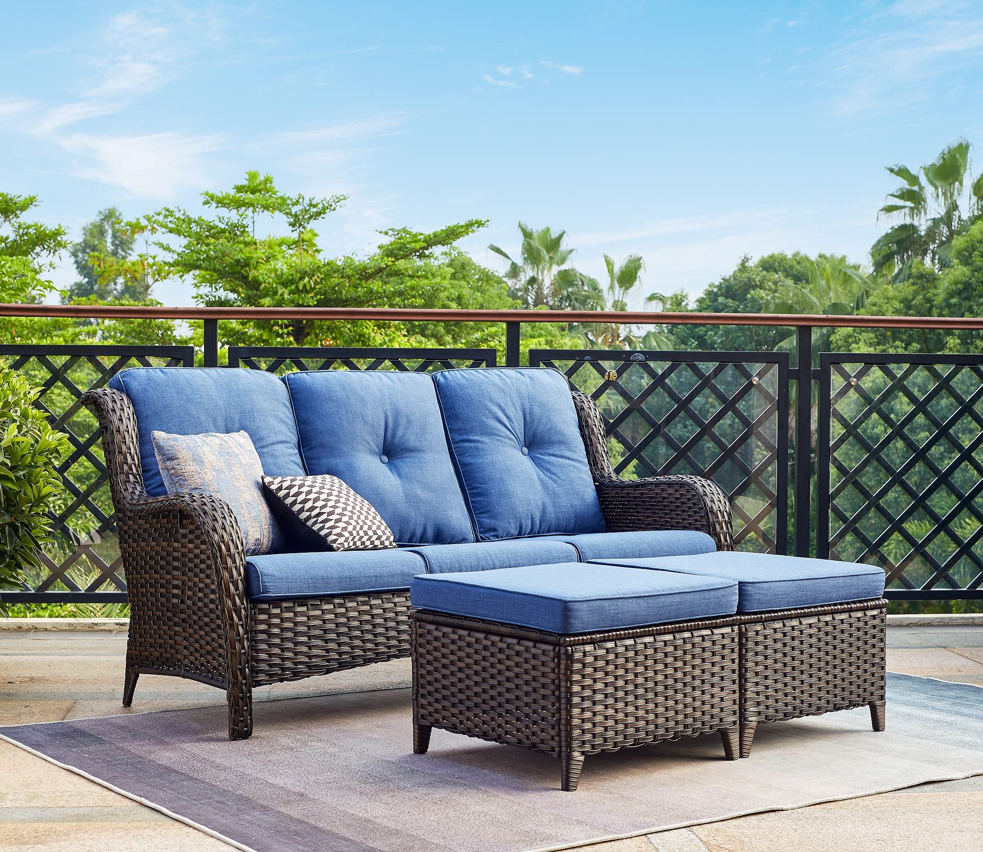 5-Piece Outdoor Patio Furniture Set - Rattan Wicker Sectional Sofa with 3-Seat Couch, 2 Armchairs & 2 Ottoman Footrests - Brown/Blue - Perfect for Garden, Backyard, Poolside & Outdoor Conversations