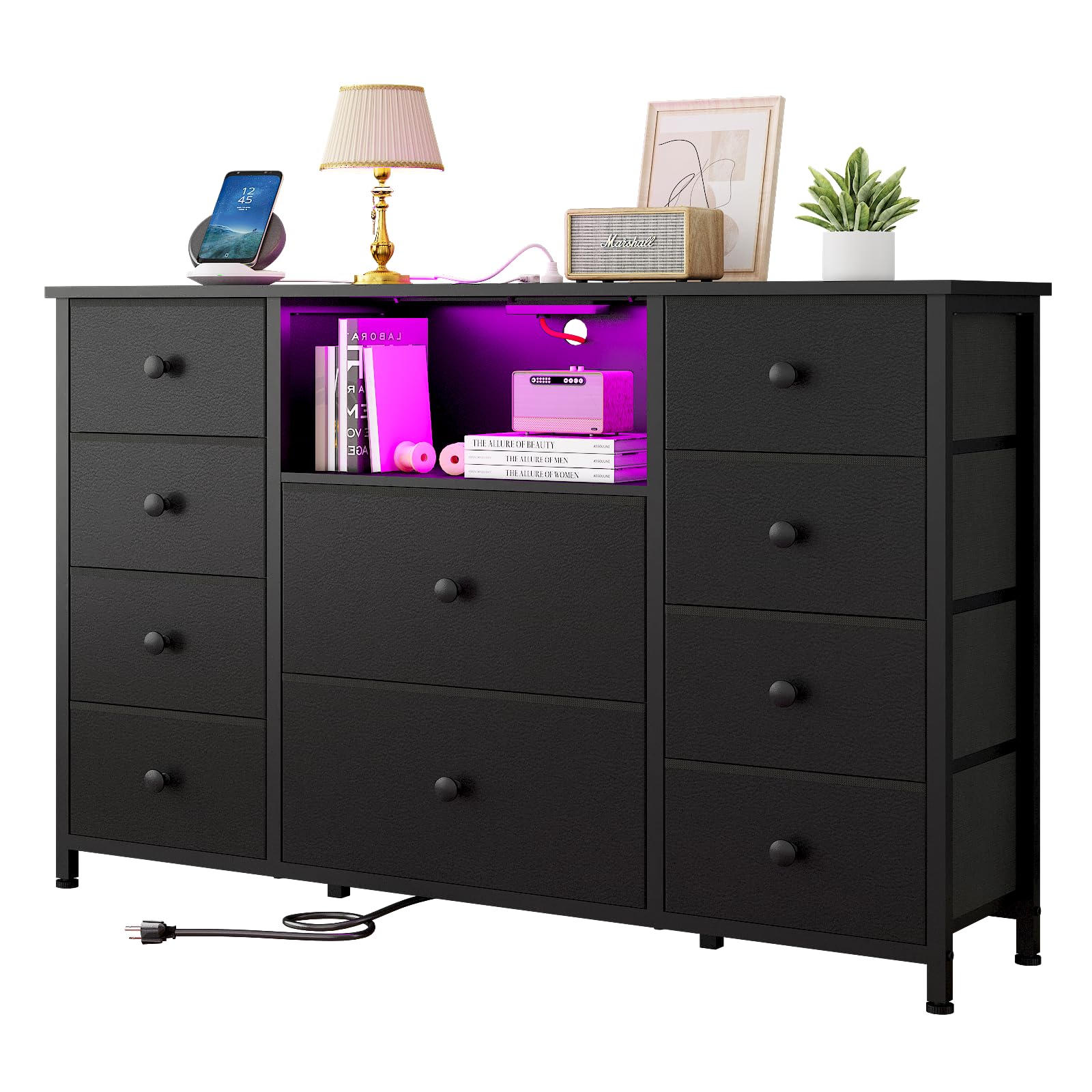 LDTTCUK 10-Drawer Dresser with USB Charging Station & LED Lights - Fabric Storage Organizer with PU Finish, Black - Perfect for Bedroom, Living Room, or TV Stand