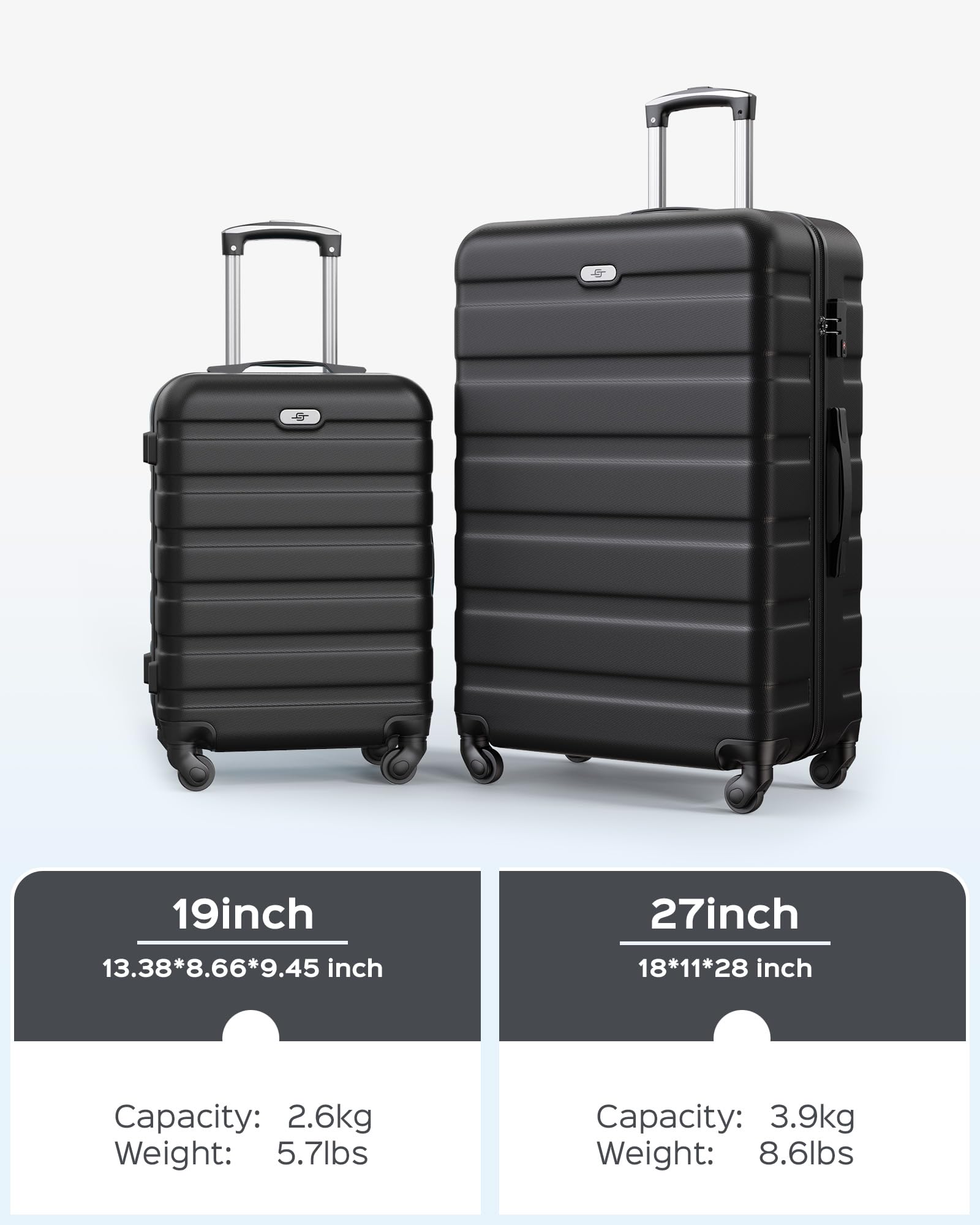 Suitour 2-Piece Lightweight Luggage Set with 360° Spinner Wheels - 19 & 27 Inch Carry On & Checked Suitcases for Travel, Business Trips & Vacations | Durable Hardshell Luggage with TSA Lock