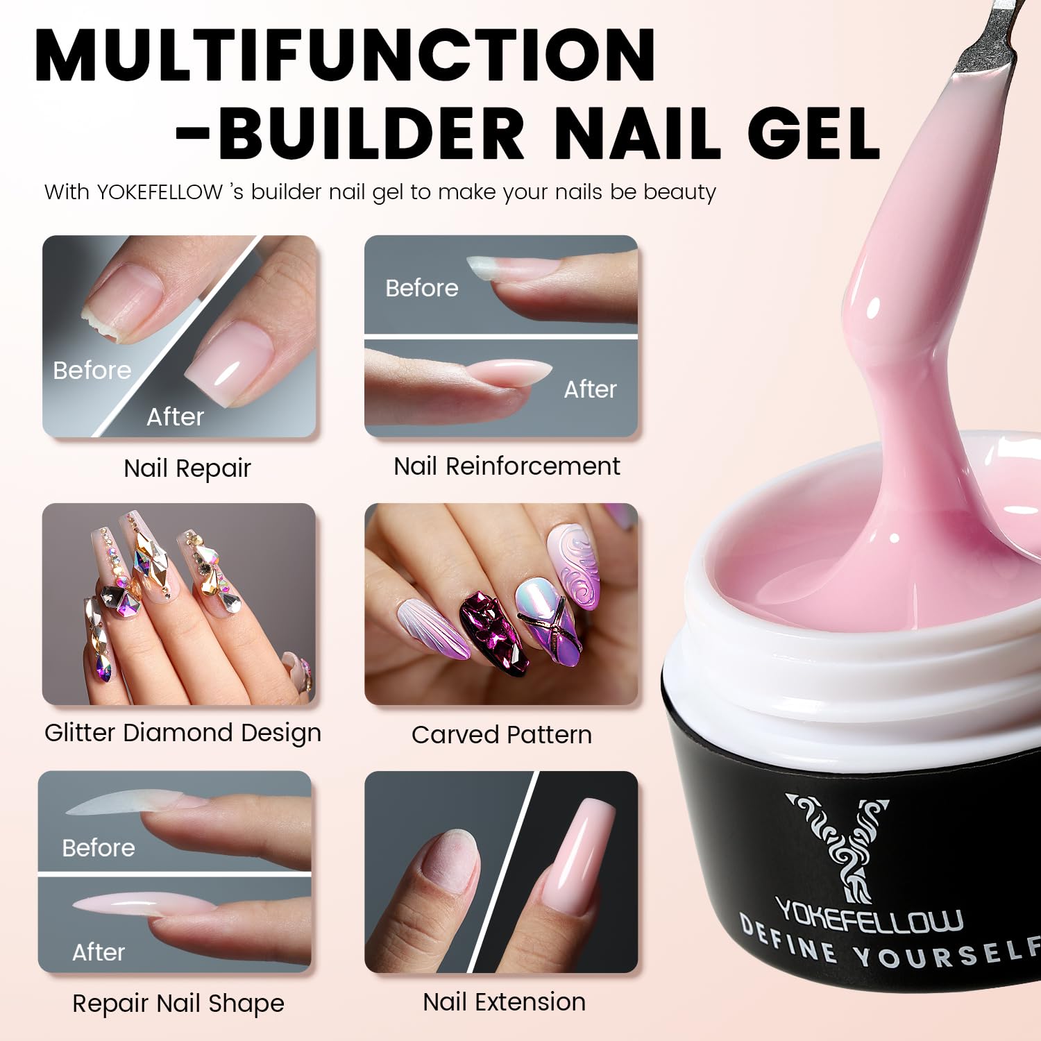 YOKEFELLOW Builder Gel Nail Kit - 3 Colors (White, Pink) Poly Gel with UV Lamp, Complete DIY Nail Extension Starter Kit for Salon-Quality Manicures at Home, Perfect for Nail Art & Acrylic Nail Designs