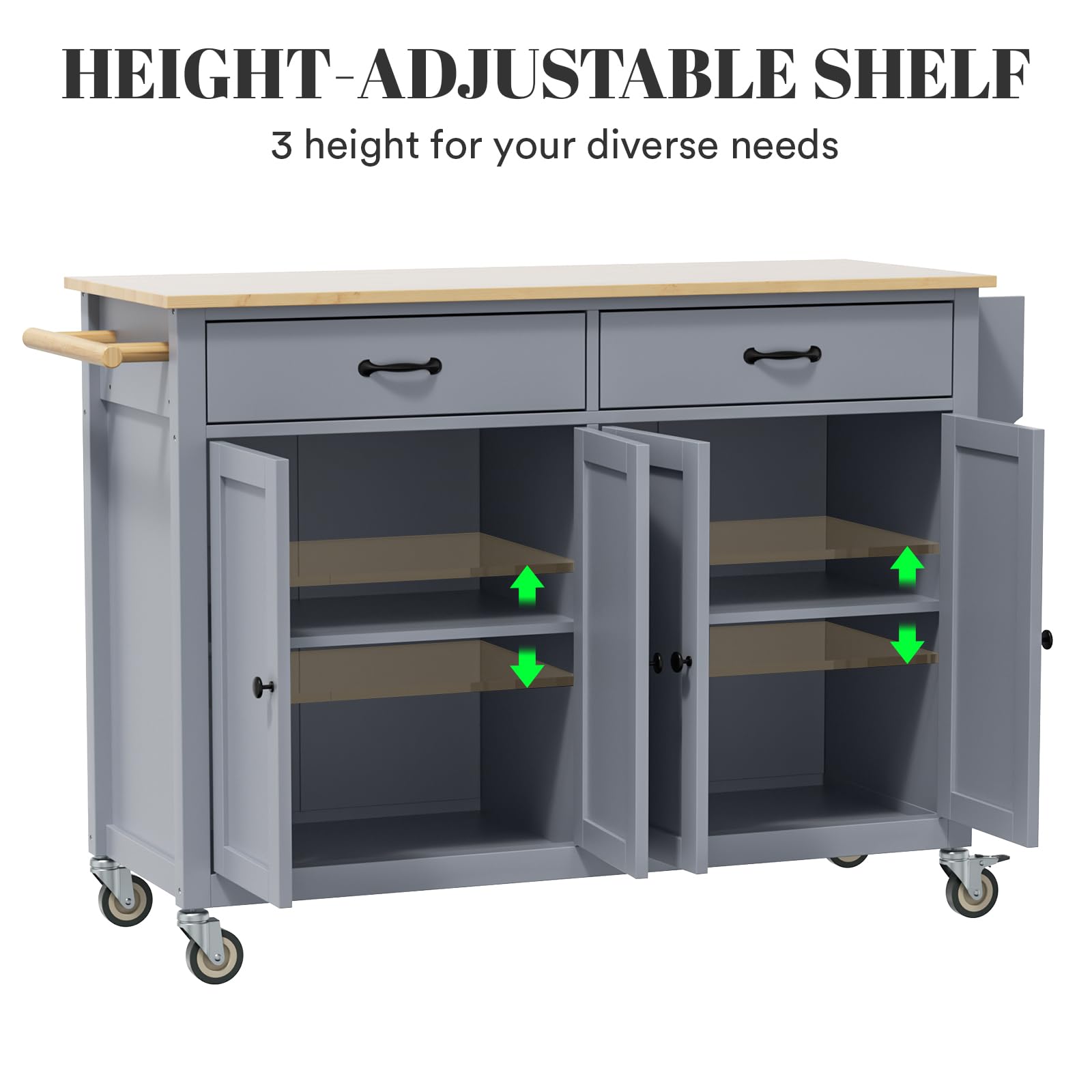Rovibek 54-Inch Large Kitchen Island on Wheels with Storage, Drawers, Cabinet, Spice Rack & Towel Rack - Mobile Rolling Wood Cart for Kitchen, Dining Room - Perfect for Extra Counter Space, Food Prep & Entertaining
