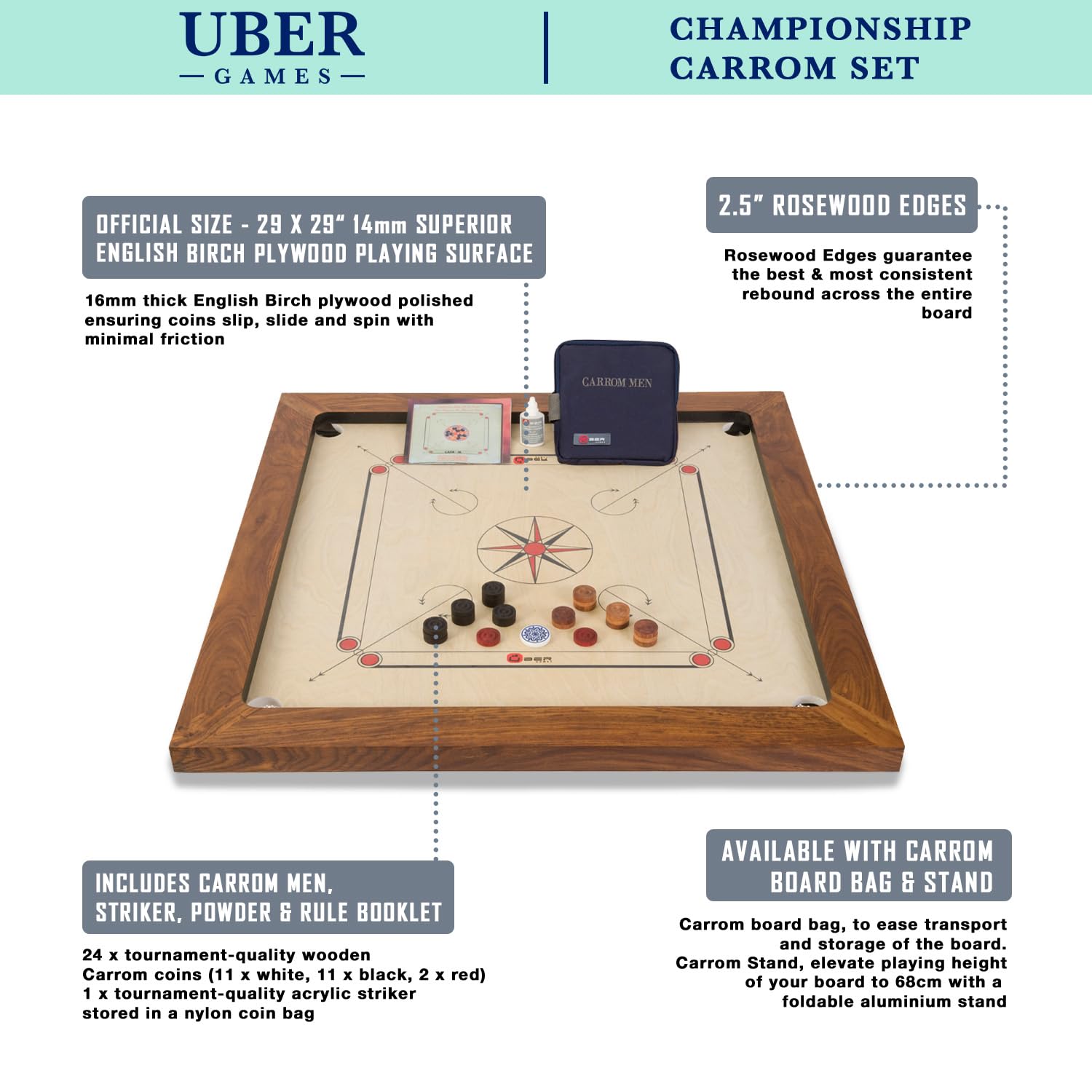 Championship Carrom Board Set - 34x34 Inch Official Tournament Size with Adjustable Stand | Premium Family Game for Indoor Recreation & Competitive Play