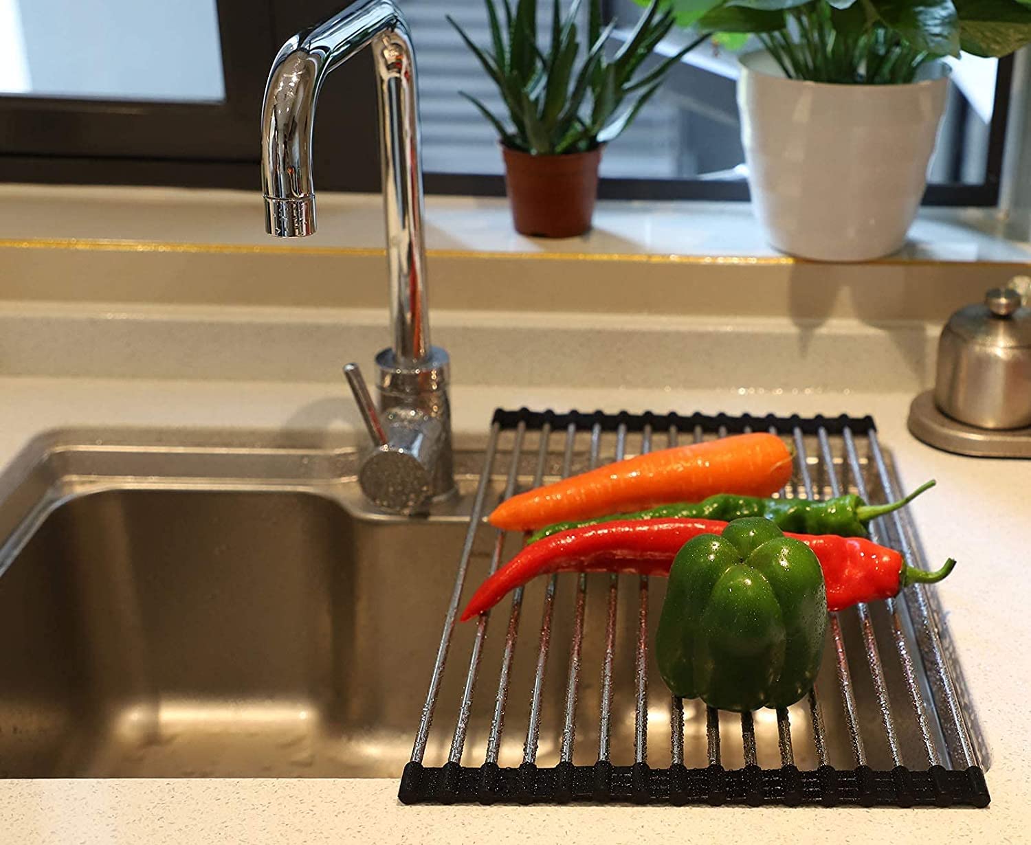 Portable Stainless Steel Roll Up Dish Drying Rack - Over The Sink Space Saving Kitchen Organizer (17.7
