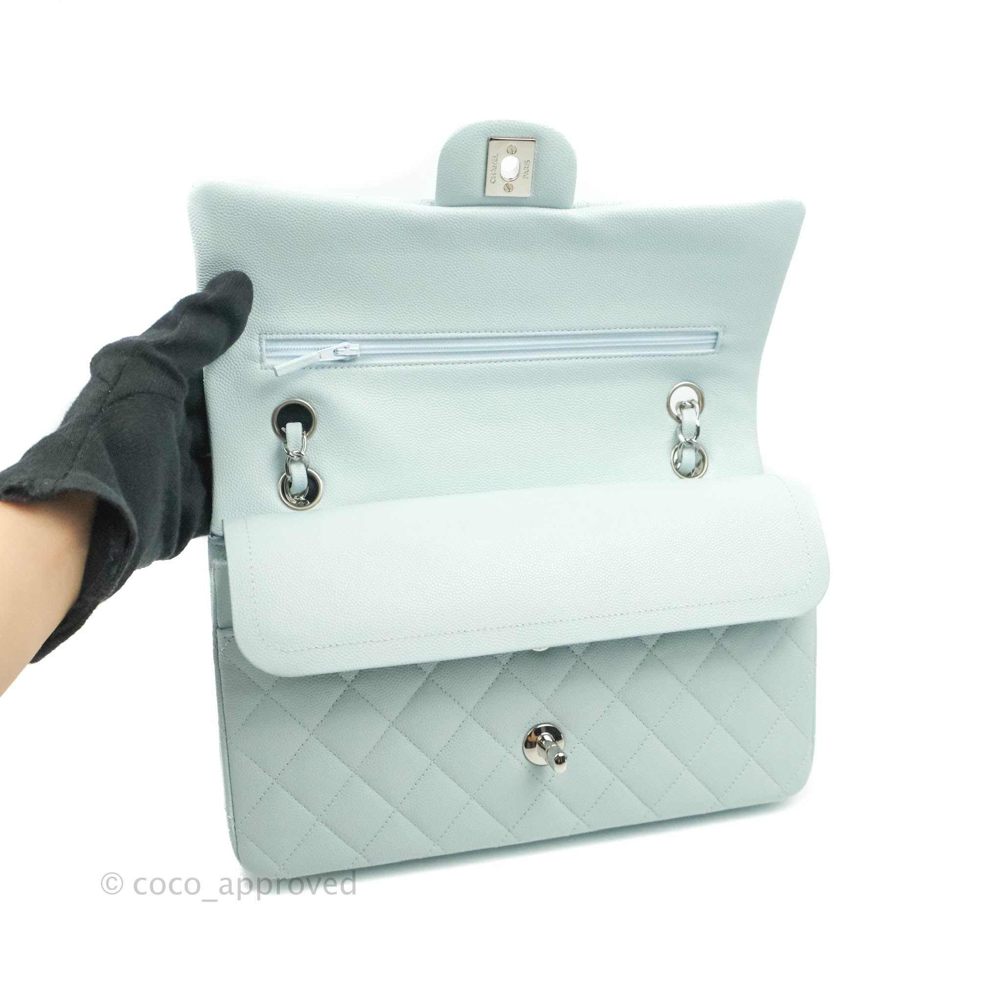 Chanel Classic M/L Medium Double Flap Bag in Blue Caviar Leather with Silver Hardware 21K Collection - Perfect for Luxury Fashion, Evening Events & Gift Giving
