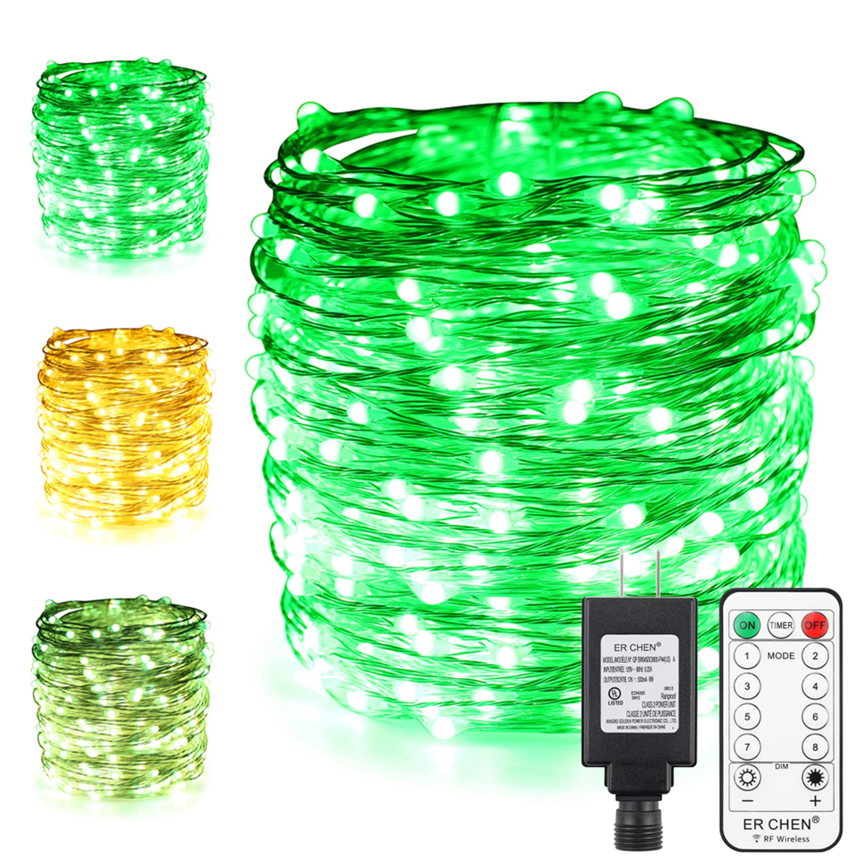 Dual-Color LED String Lights 100FT 300 LEDs - Plug in Silver Copper Wire Fairy Lights with Remote & Timer, 8 Modes Dimmable for Indoor Outdoor Christmas Decorations (Green/Warm White) - Perfect for Holiday, Party, Wedding, Garden and Home Decoration