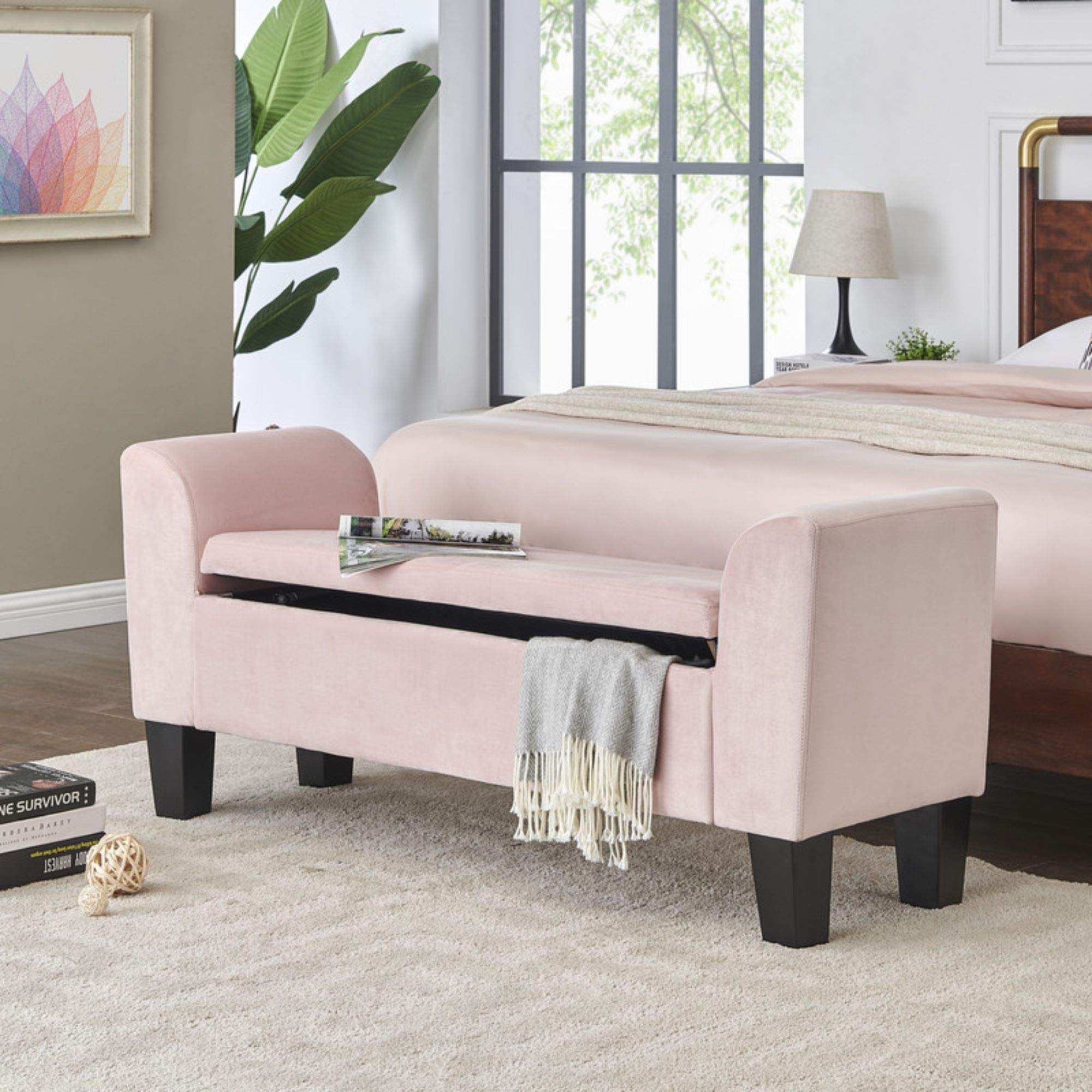 Luxury Pink Velvet Storage Bench for Bedroom - Modern Upholstered Ottoman with Hidden Storage, Perfect for Seating, Footrest & Home Decor