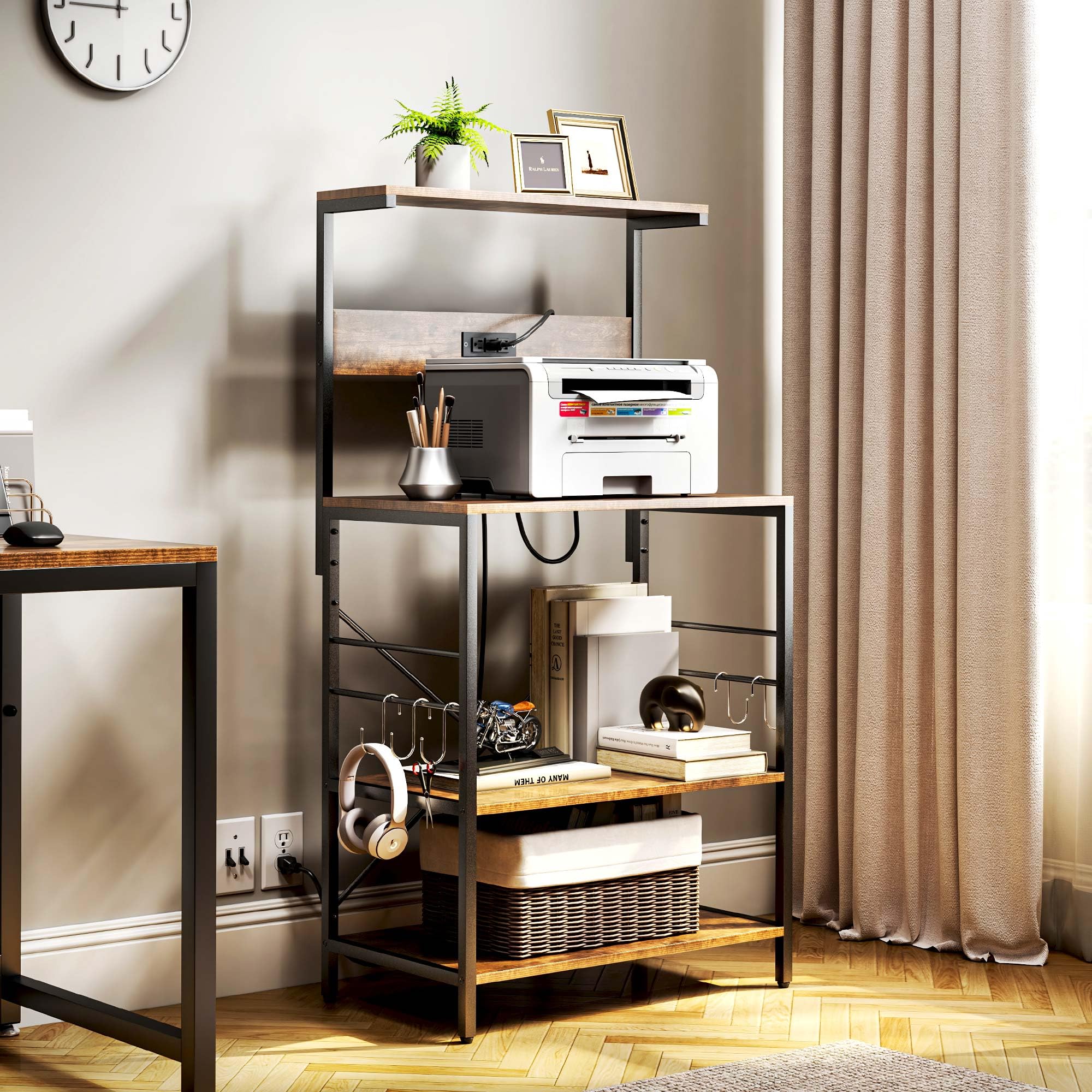 TC-HOMENY 3-Tier Bakers Rack with Power Outlet & 5 S-Hooks - Rustic Brown Kitchen Storage Shelf, Microwave Stand & Coffee Station Organizer | Perfect for Small Kitchens, Pantry Organization & Dining Room Storage