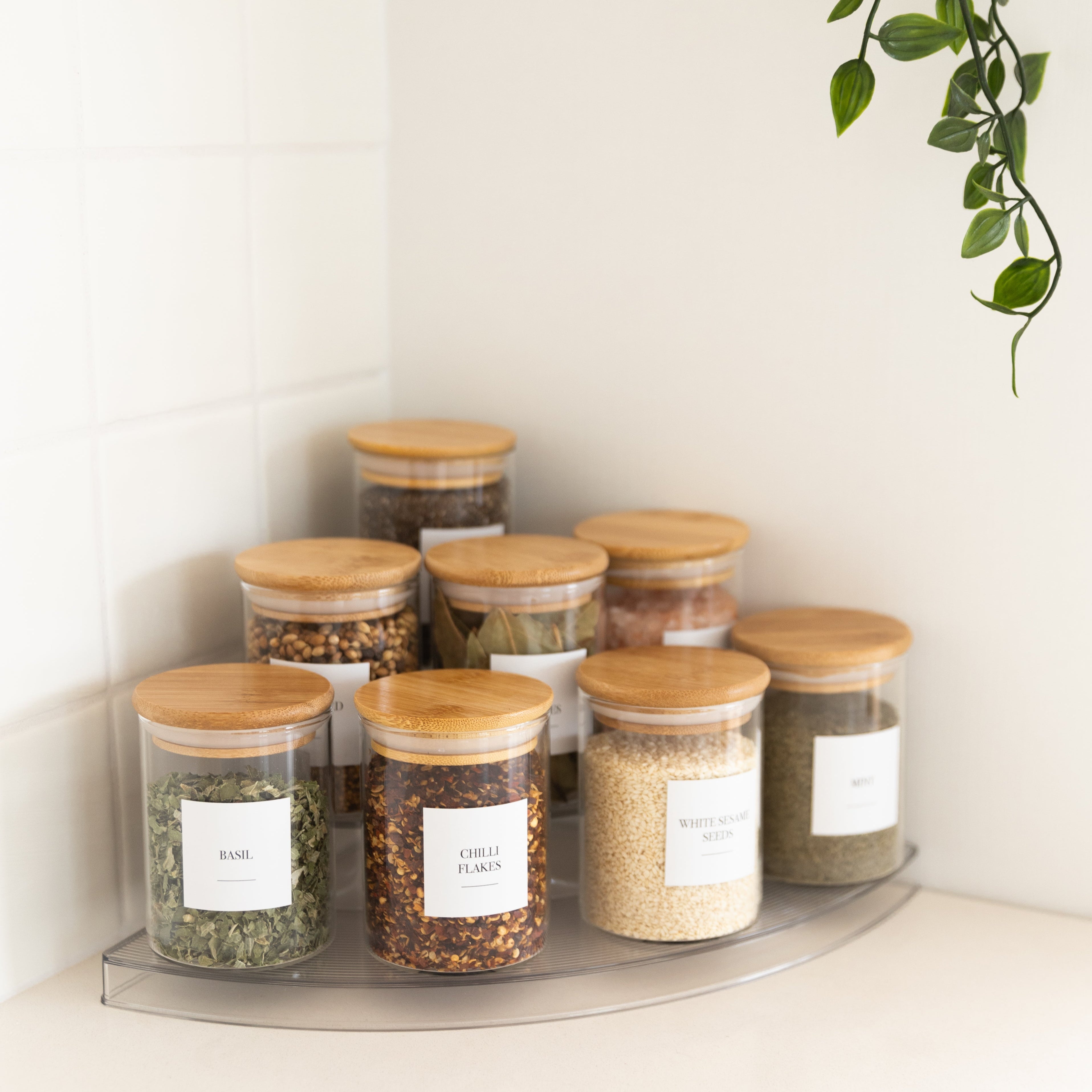 3-Tier Clear Corner Spice Rack Organizer with 8 Glass Jars (200ml Each) - Perfect for Kitchen Countertop, Pantry & Cabinet Storage