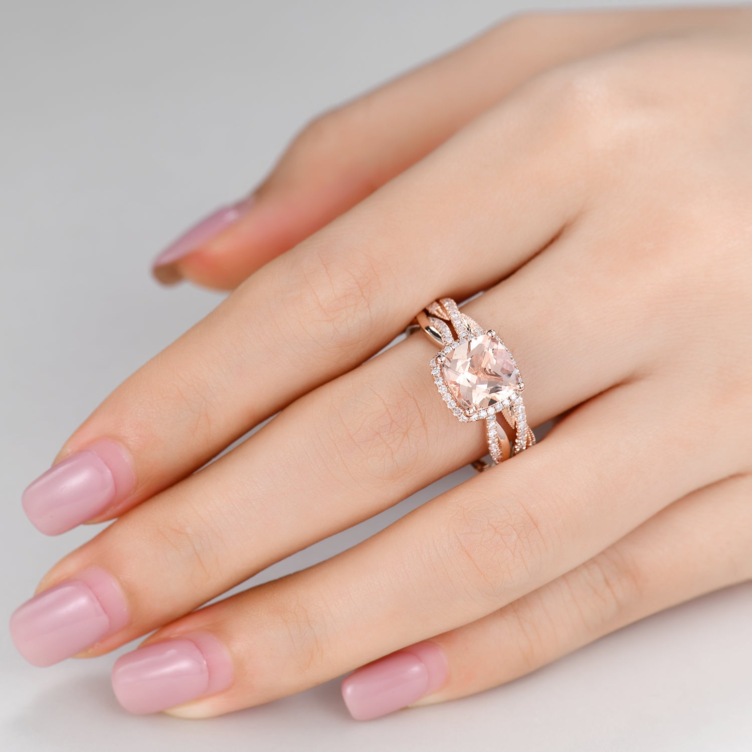 Rose Gold Morganite & Diamond Engagement Ring Set with Twist Infinity Wedding Band – Perfect for Proposals, Anniversaries & Bridal Jewelry