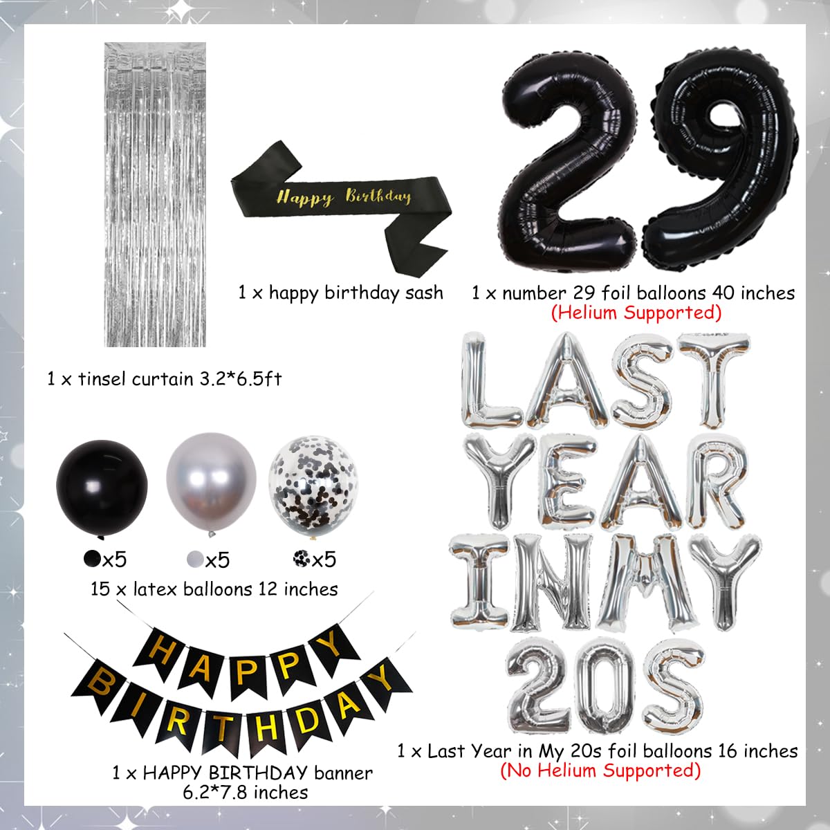 JOYMEMO 29th Birthday Party Decorations Set for Men & Women - Silver 'Last Year in My 20s' Banner, Whiskey Theme Balloons, Number 29 Foil Balloons & Birthday Sash - Perfect for 29th Birthday Celebrations, Milestone Parties & Adult Whiskey-Themed Events