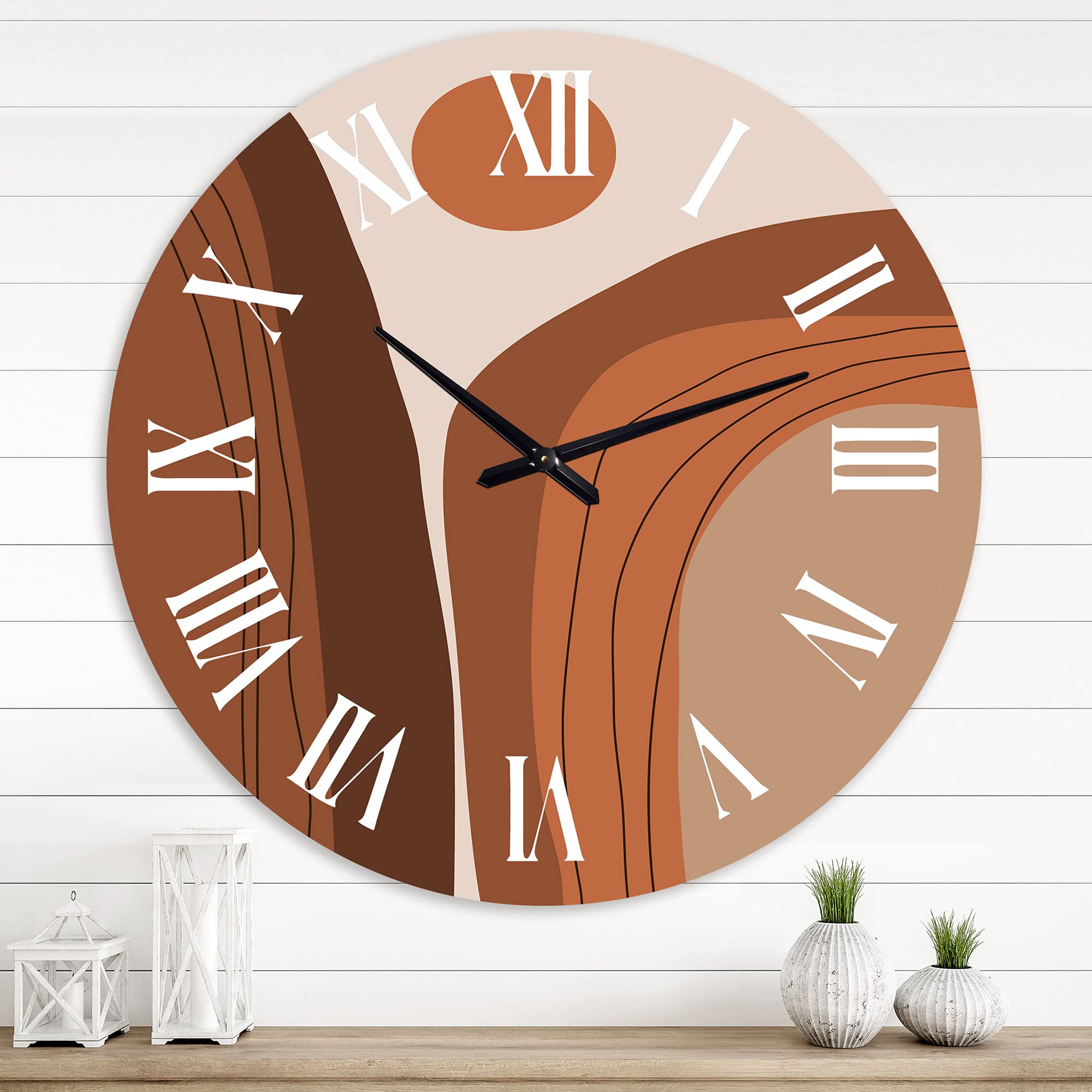 Abstract Terracotta Sunset Mountain Landscape Modern Wall Clock - Large Geometric Wall Art for Home Office Decor | Perfect for Living Room, Bedroom & Workspace