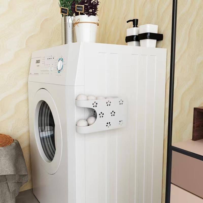 Magnetic Dryer Ball Holder for Laundry Room - Automatic Dryer Ball Roller Chute Container & Organizer - White Dryer Ball Storage Basket (No Balls Included) - Perfect for Organizing Laundry Room & Keeping Dryer Balls Handy