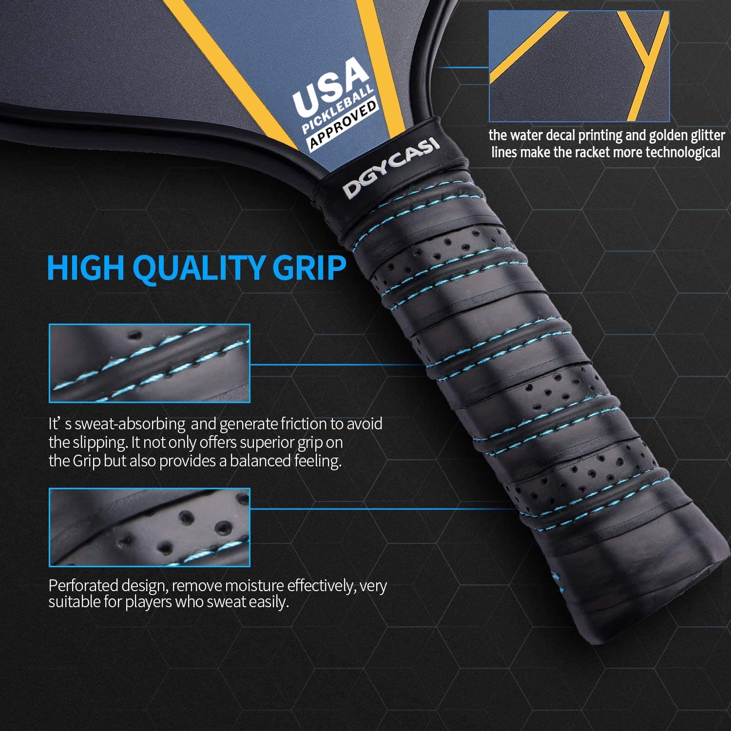 YC DGYCASI Graphite Pickleball Paddles Set of 4 - USAPA Approved 2025 | Carbon Fiber Surface & Lightweight Polypropylene Honeycomb Core | Includes 3 Indoor/Outdoor Balls, 4 Replacement Grips & Carry Bag | Perfect for Recreational Play, Competitive Tournaments & Family Fun