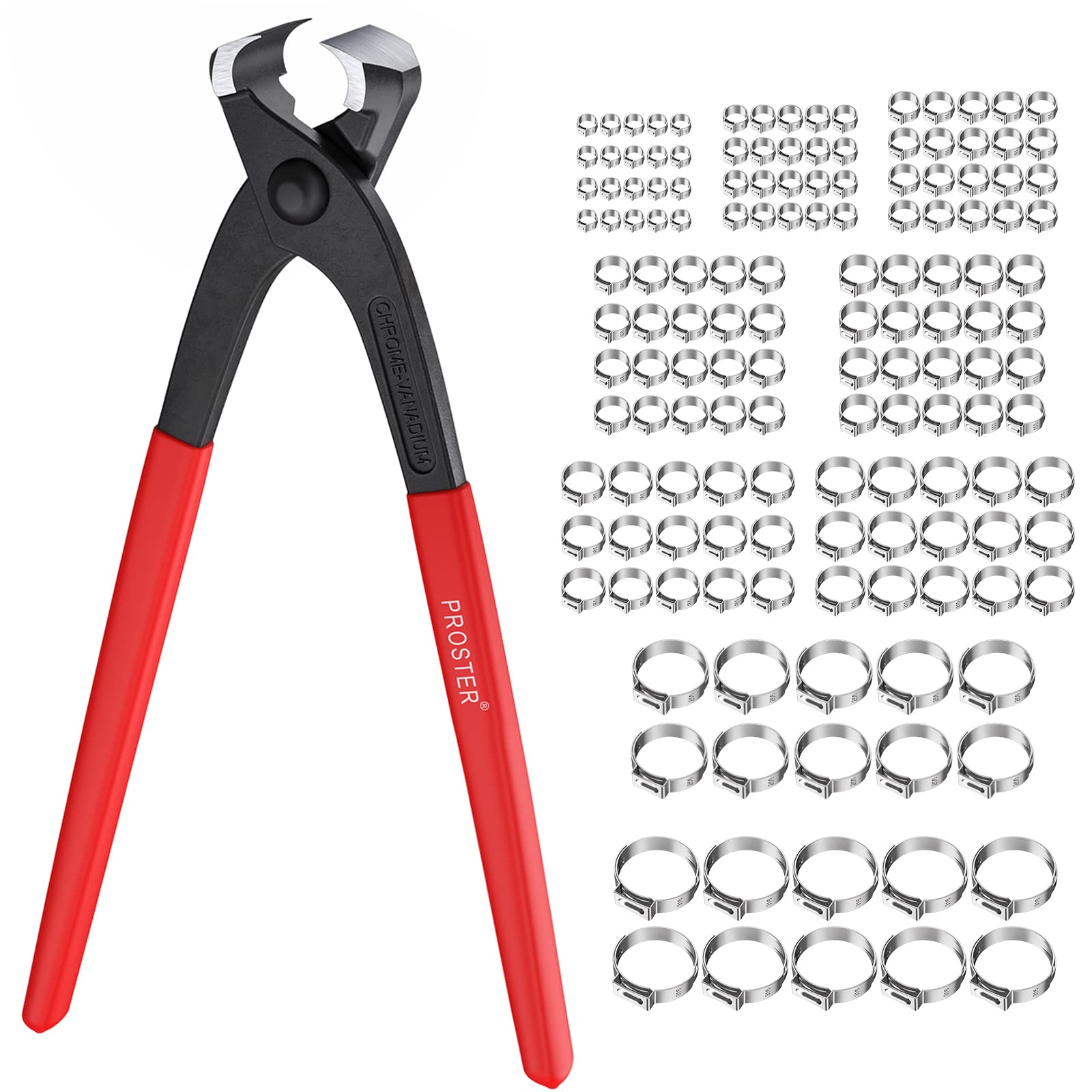 Proster Single Ear Stepless Hose Clamp Crimping Tool Kit - 304 Stainless Steel Hose Clamps (200pcs, 5.8-21mm) for Automotive, Plumbing & Marine Applications