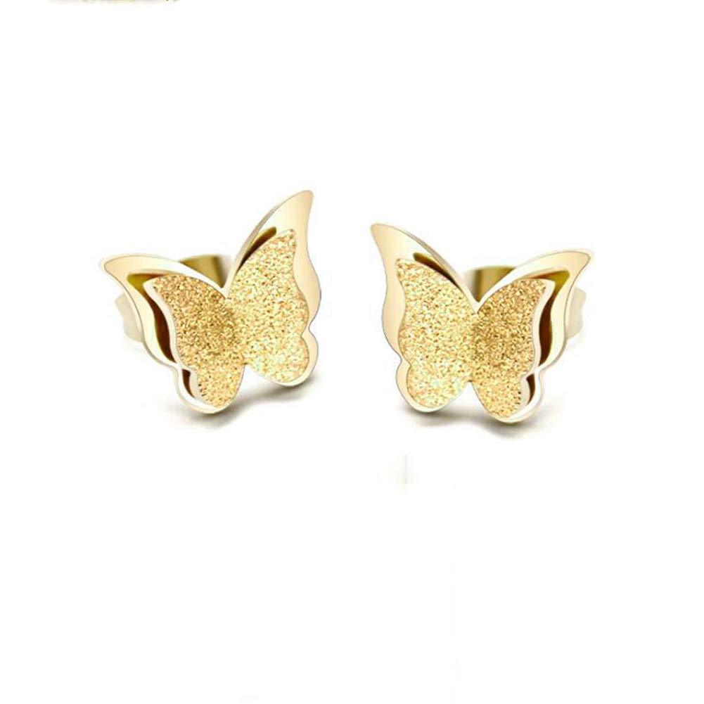 Rose Gold Gold Silver Titanium Butterfly Stud Earrings for Women Girls - Hypoallergenic Double Layer Frosted Jewelry Gift for Birthday Party Wedding Everyday Wear