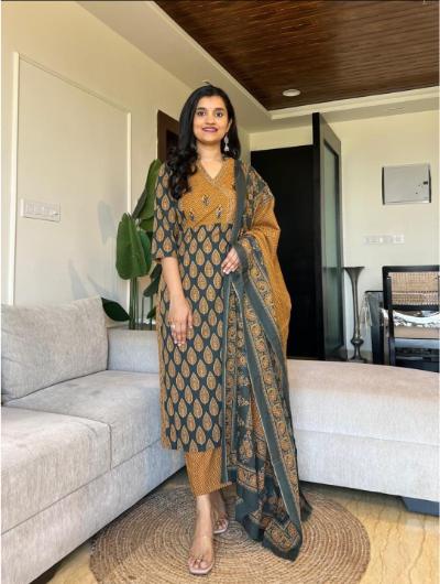 Mustard Yellow Cotton Printed Salwar Suit Set of 3 - Traditional Indian Ethnic Wear for Women, Festivals & Special Occasions