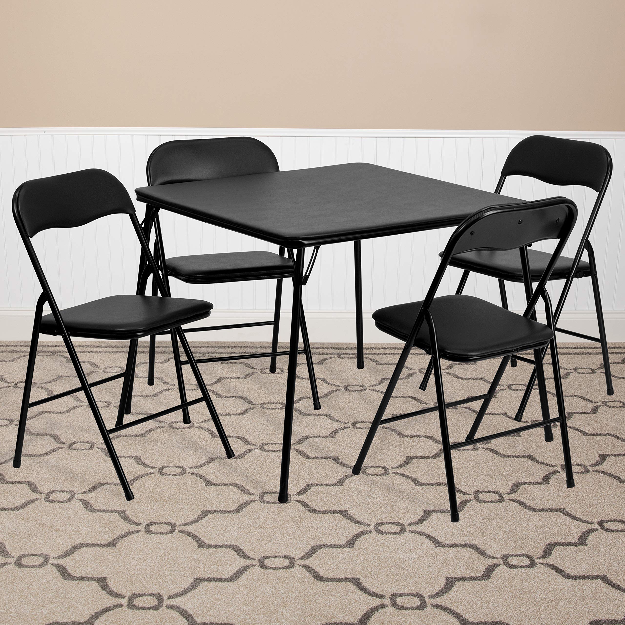 EMMA + OLIVER 5-Piece Black Folding Card Table and Chairs Set for Game Room, Poker, Parties & Family Gatherings - Compact & Space-Saving Furniture