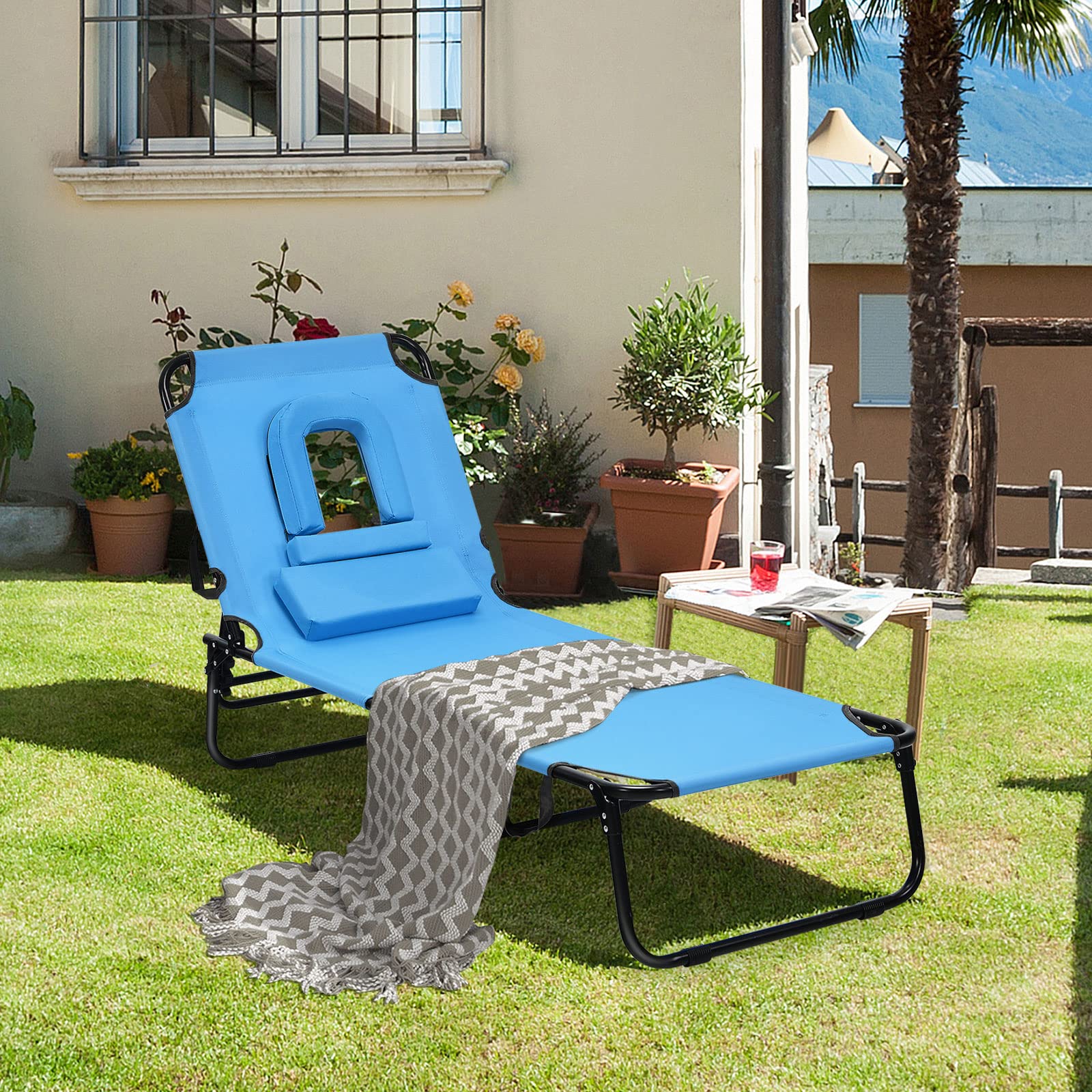 Giantex Adjustable Folding Chaise Lounge Chair - Portable Recliner for Beach, Patio, Poolside & Outdoor Relaxation - Blue