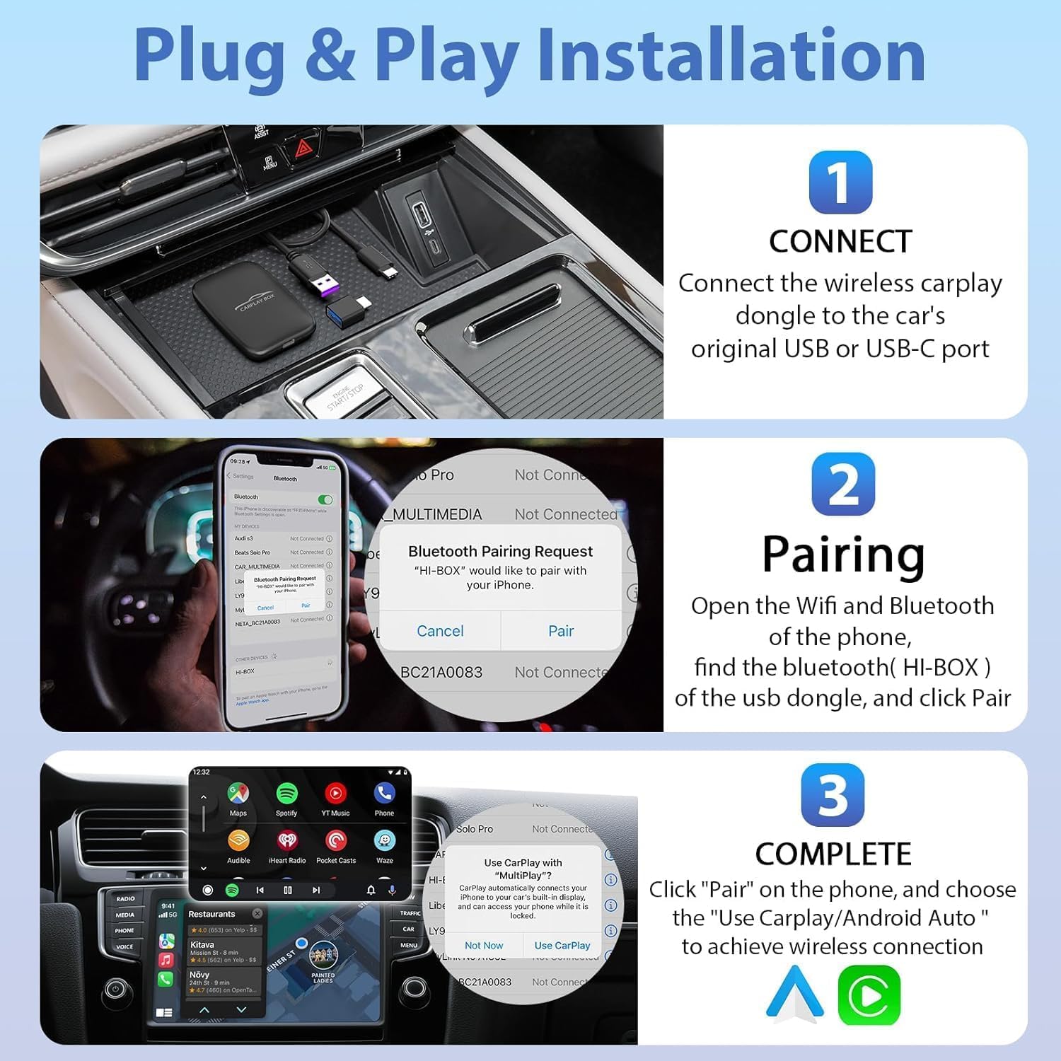 2 in 1 Wireless CarPlay & Android Auto Adapter for iPhone - Plug & Play USB Dongle to Convert Wired to Wireless - Compatible with Cars Since 2015 - Built-in Netflix & YouTube Support - Perfect for Commuting, Road Trips & Entertainment on the Go