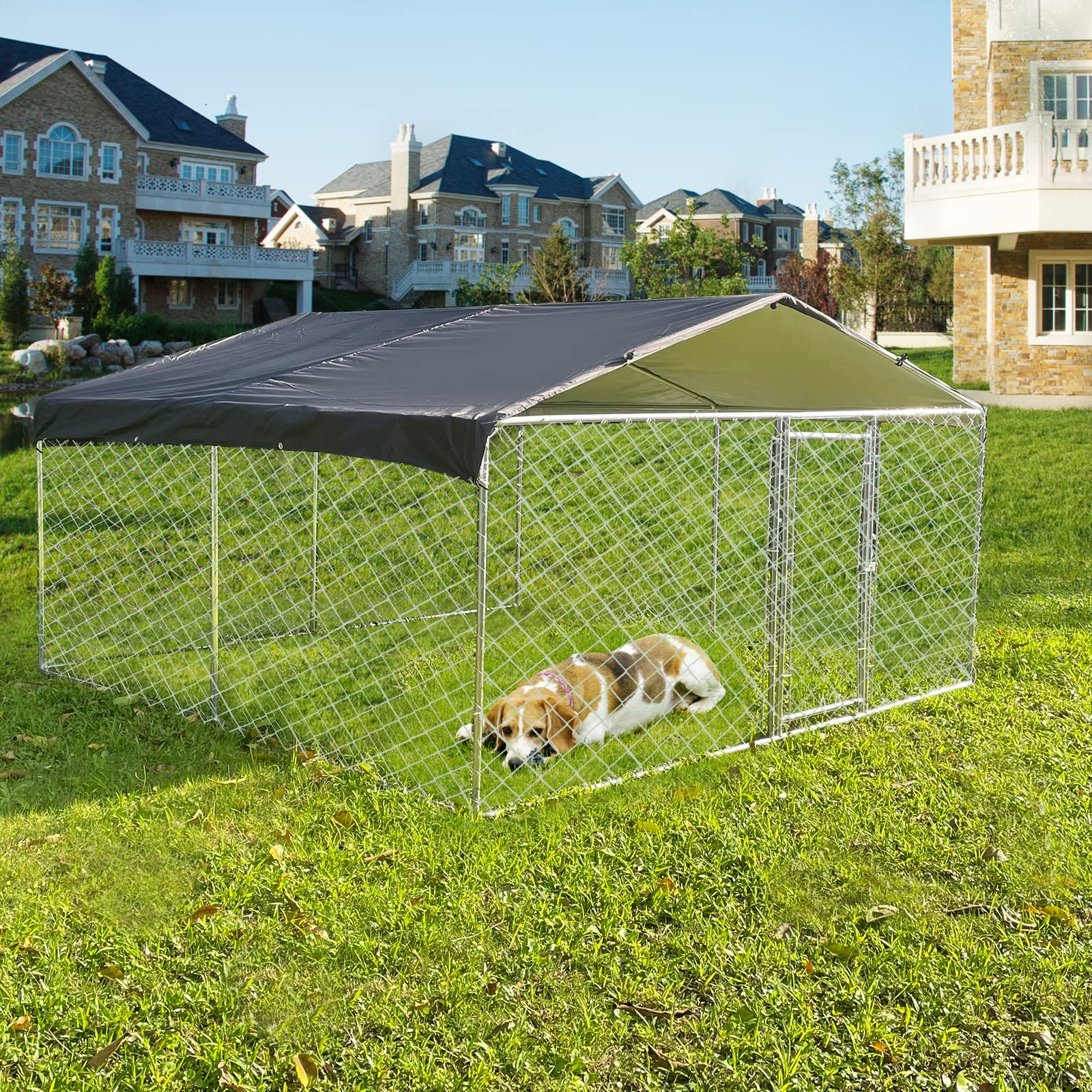 Heavy Duty 10'x10'x5.6' Outdoor Metal Dog Kennel with Waterproof Roof Cover - Large Breed Dog Playpen for Retrievers | Durable Pet Enclosure for Backyard, Garden & Camping Use